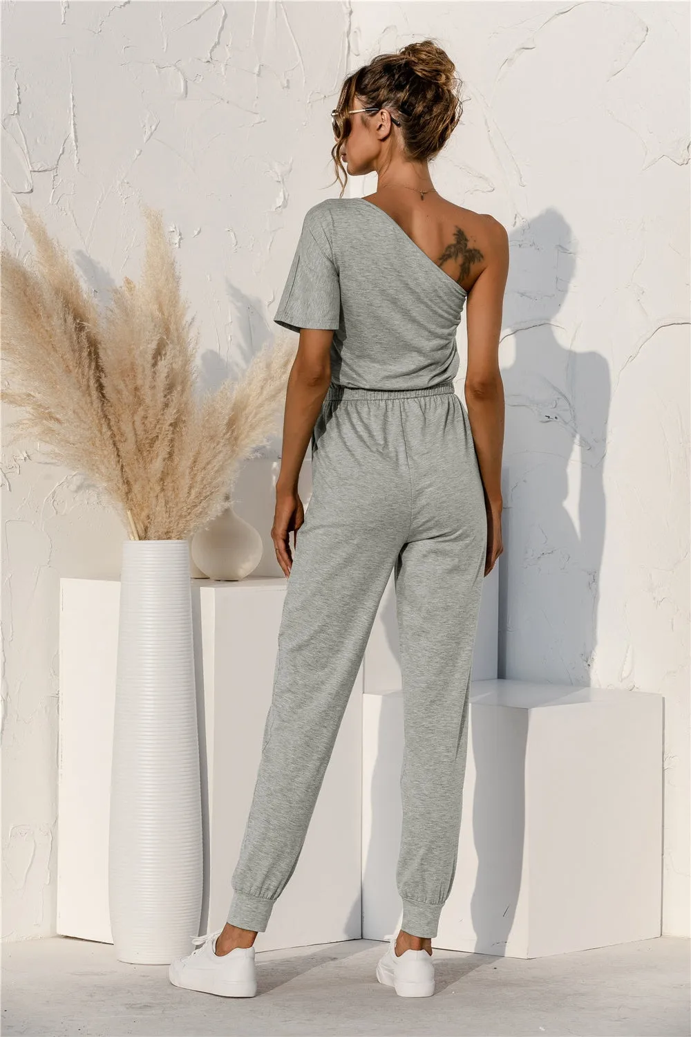 Modern Monochrome Single Shoulder Short Sleeve Jumpsuit