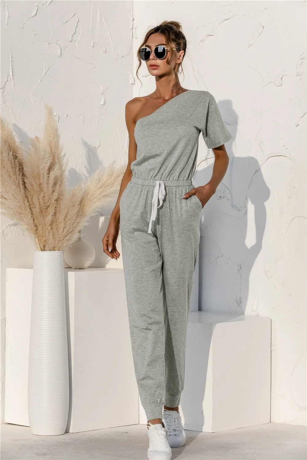 Modern Monochrome Single Shoulder Short Sleeve Jumpsuit