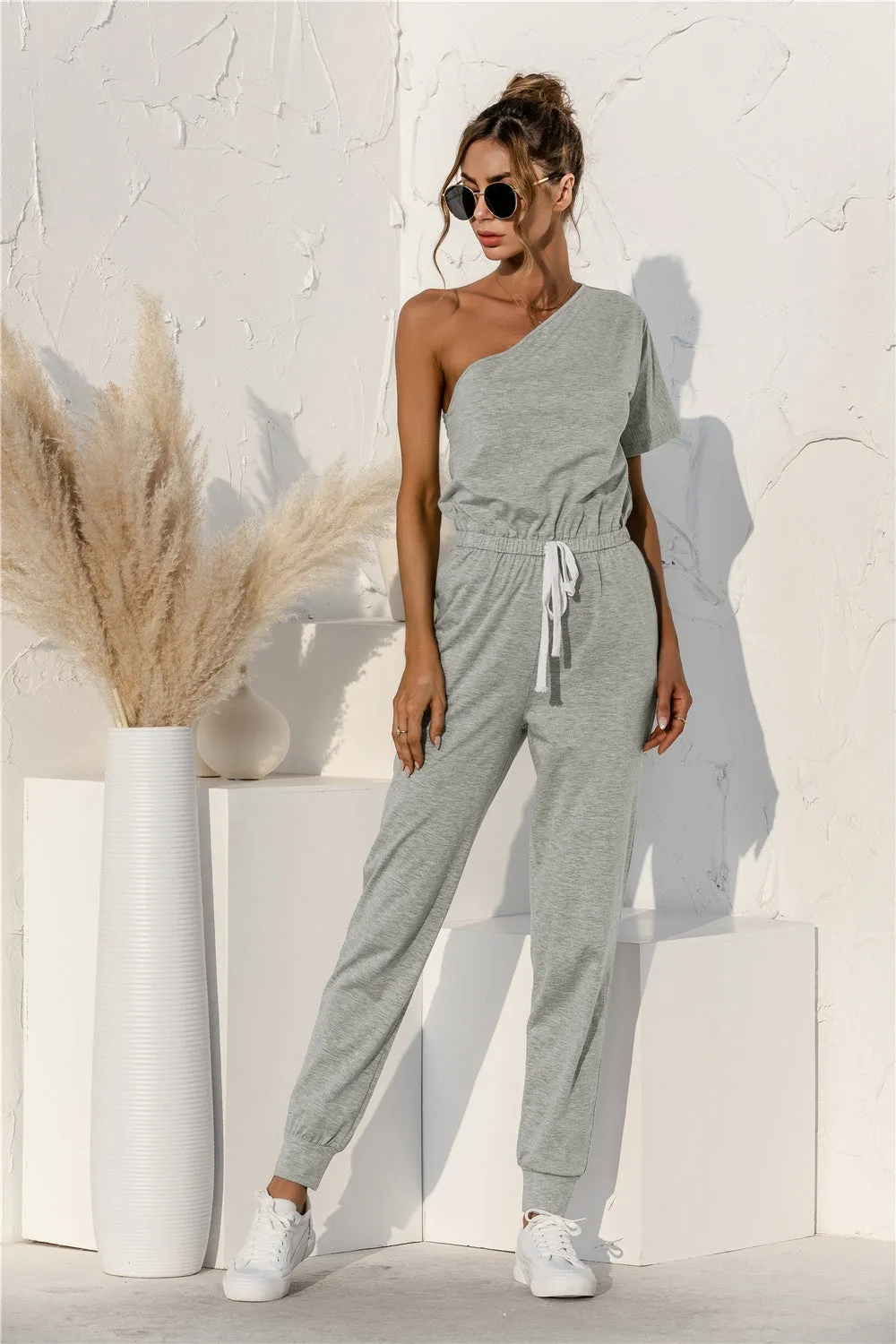 Modern Monochrome Single Shoulder Short Sleeve Jumpsuit