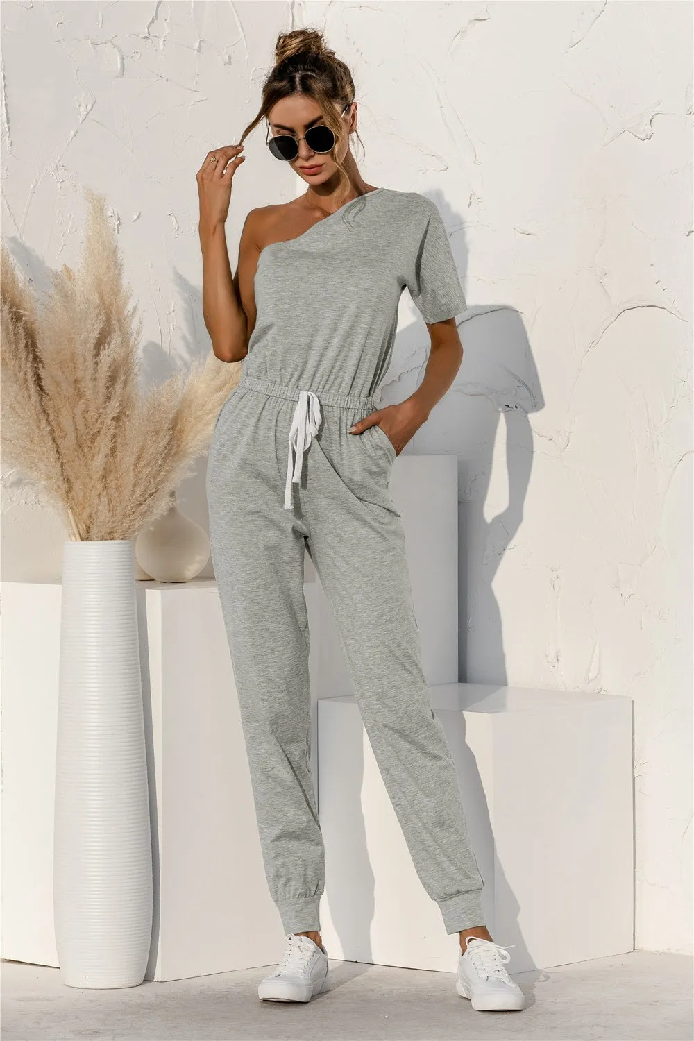 Modern Monochrome Single Shoulder Short Sleeve Jumpsuit