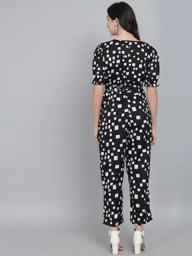Monochrome Elegance Printed Crepe V-Neck Regular Jumpsuit