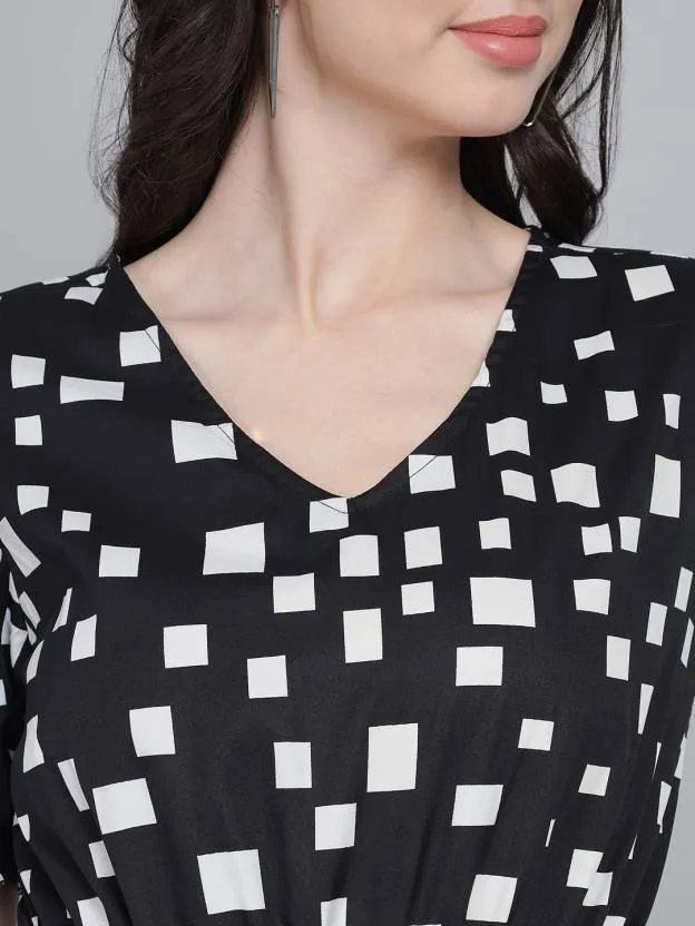 Monochrome Elegance Printed Crepe V-Neck Regular Jumpsuit