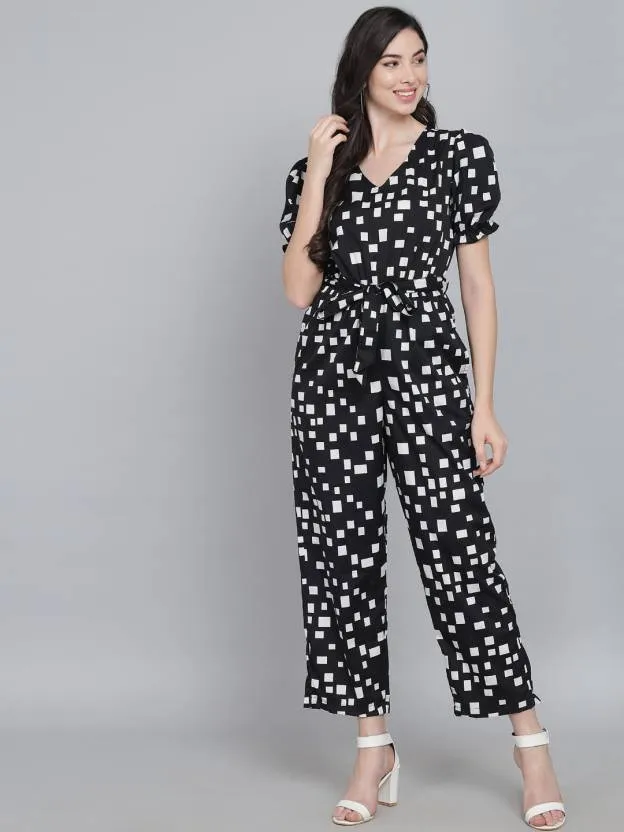Monochrome Elegance Printed Crepe V-Neck Regular Jumpsuit