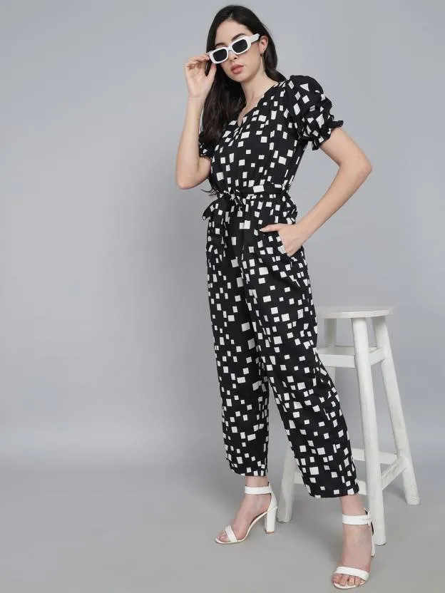Monochrome Elegance Printed Crepe V-Neck Regular Jumpsuit