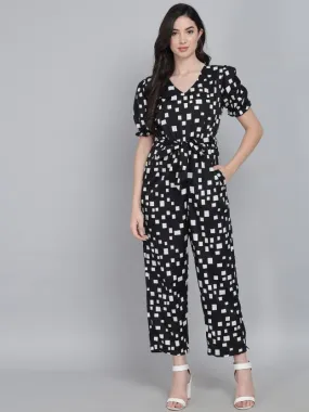 Monochrome Elegance Printed Crepe V-Neck Regular Jumpsuit