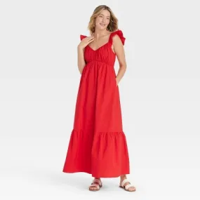 New - Women's Flutter Cap Sleeve Maxi A-Line Dress - Universal Thread Red XL