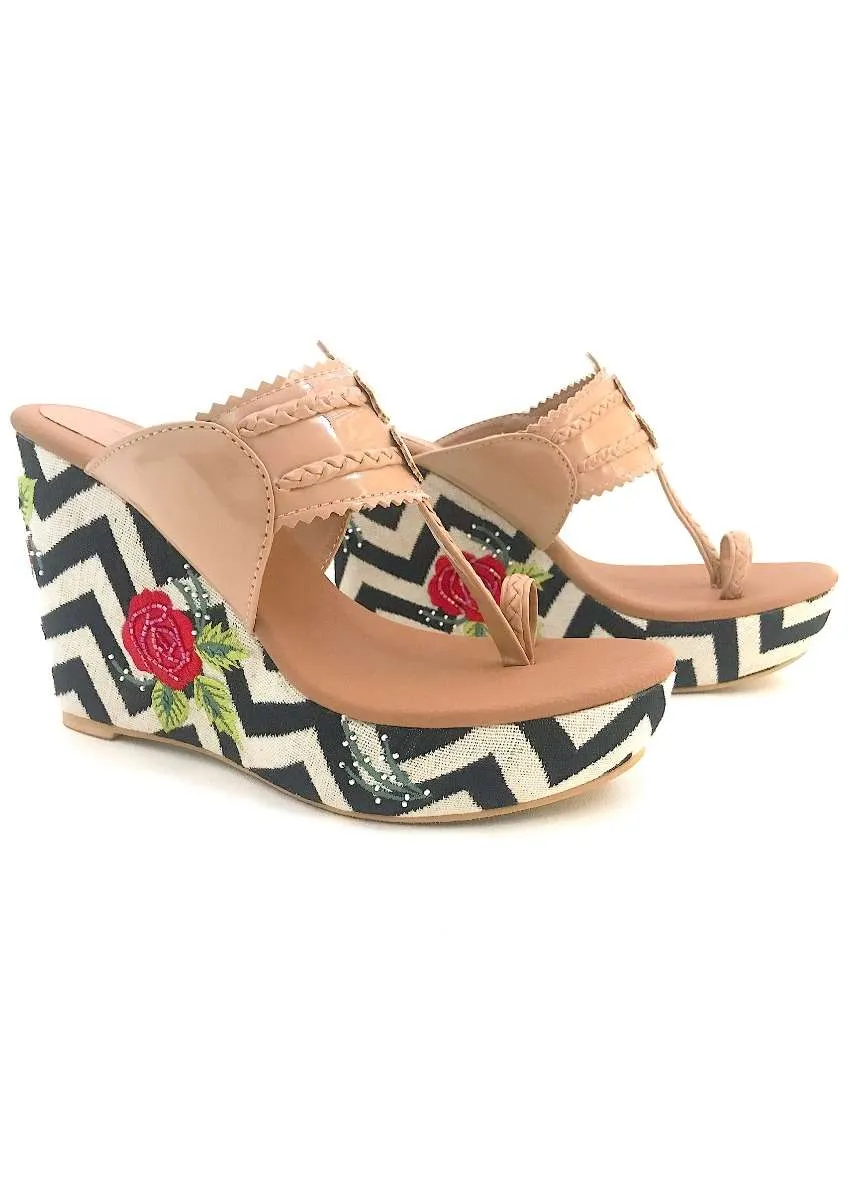 Nude Kolhapuri Wedges With Monochrome Design And Rose Embroidered Heel By Sole House