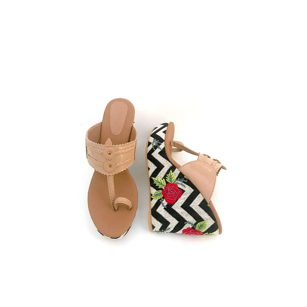 Nude Kolhapuri Wedges With Monochrome Design And Rose Embroidered Heel By Sole House