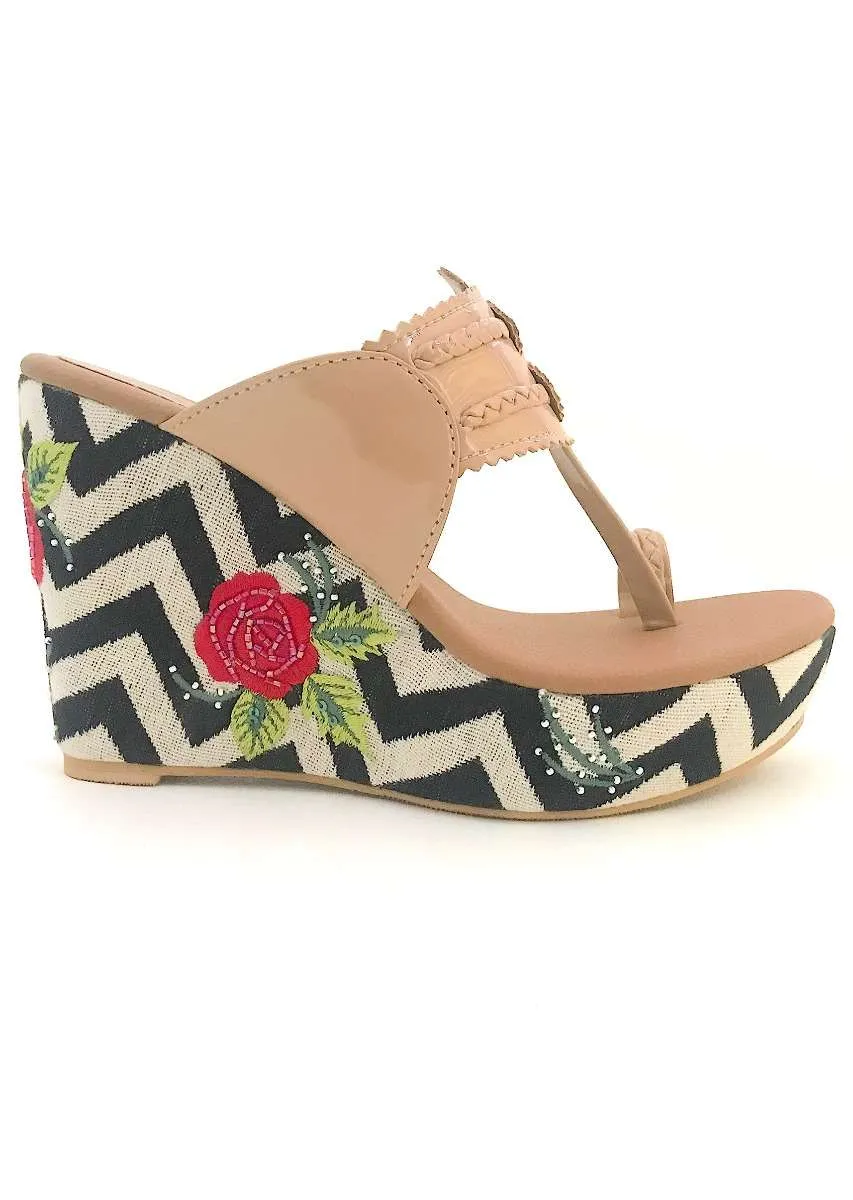 Nude Kolhapuri Wedges With Monochrome Design And Rose Embroidered Heel By Sole House