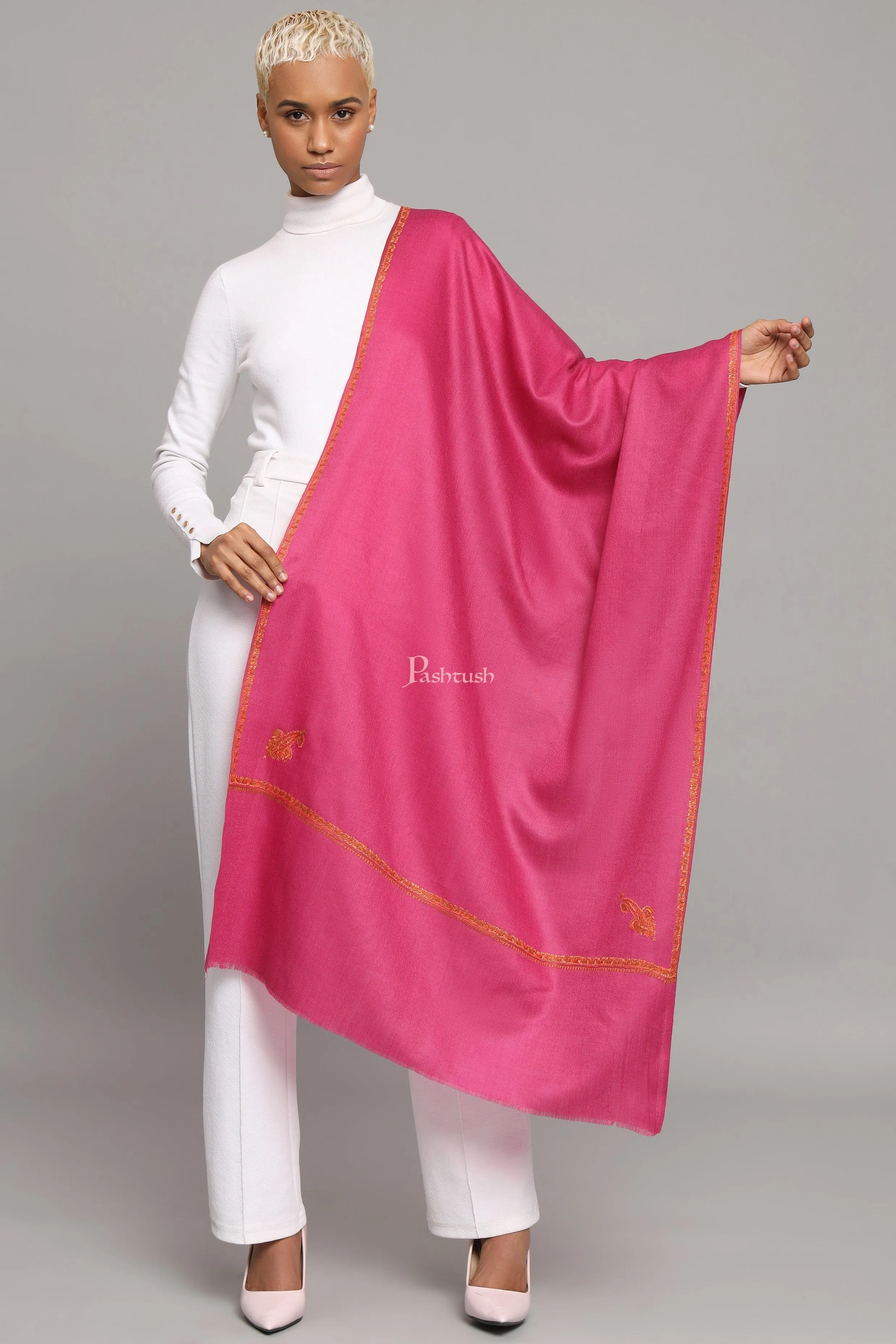 Pashtush Womens Extra Fine Wool Stole, Kashmiri Hand Embroidery, Kingri Design, Majenta