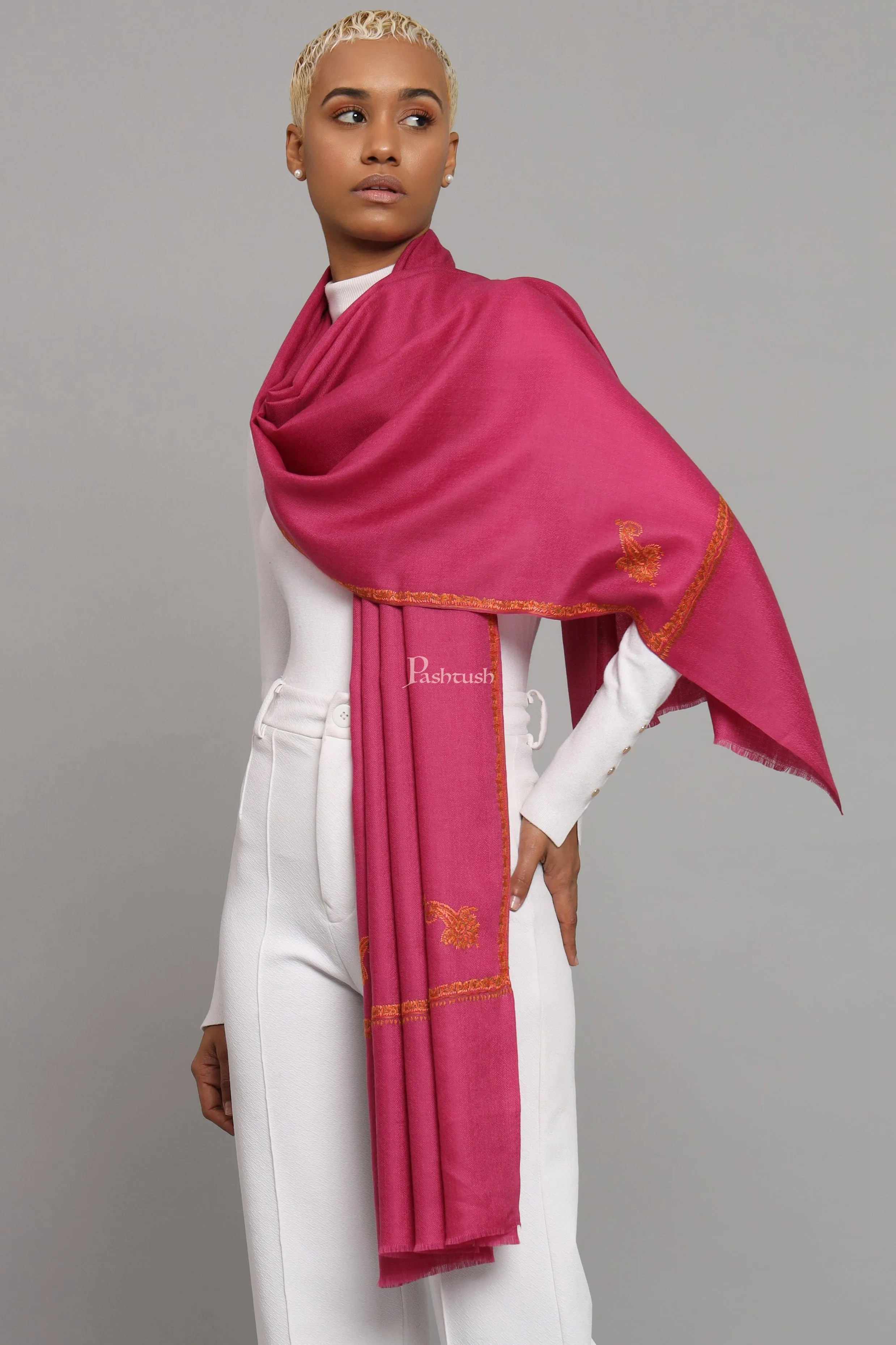 Pashtush Womens Extra Fine Wool Stole, Kashmiri Hand Embroidery, Kingri Design, Majenta