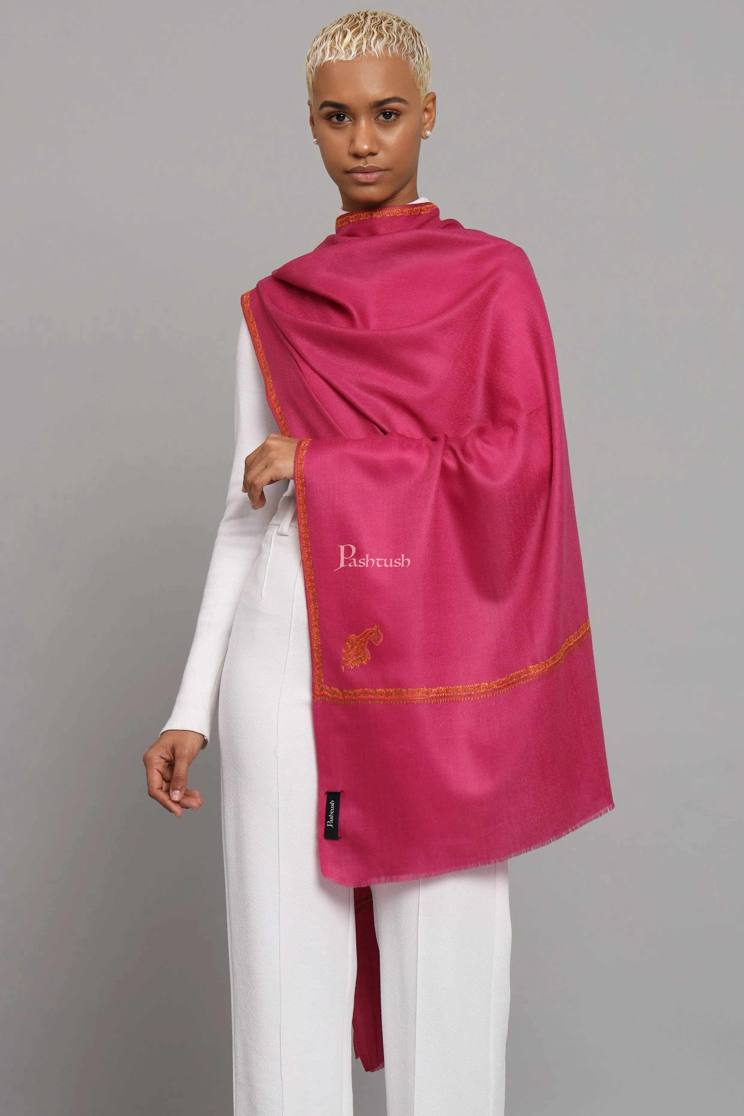 Pashtush Womens Extra Fine Wool Stole, Kashmiri Hand Embroidery, Kingri Design, Majenta