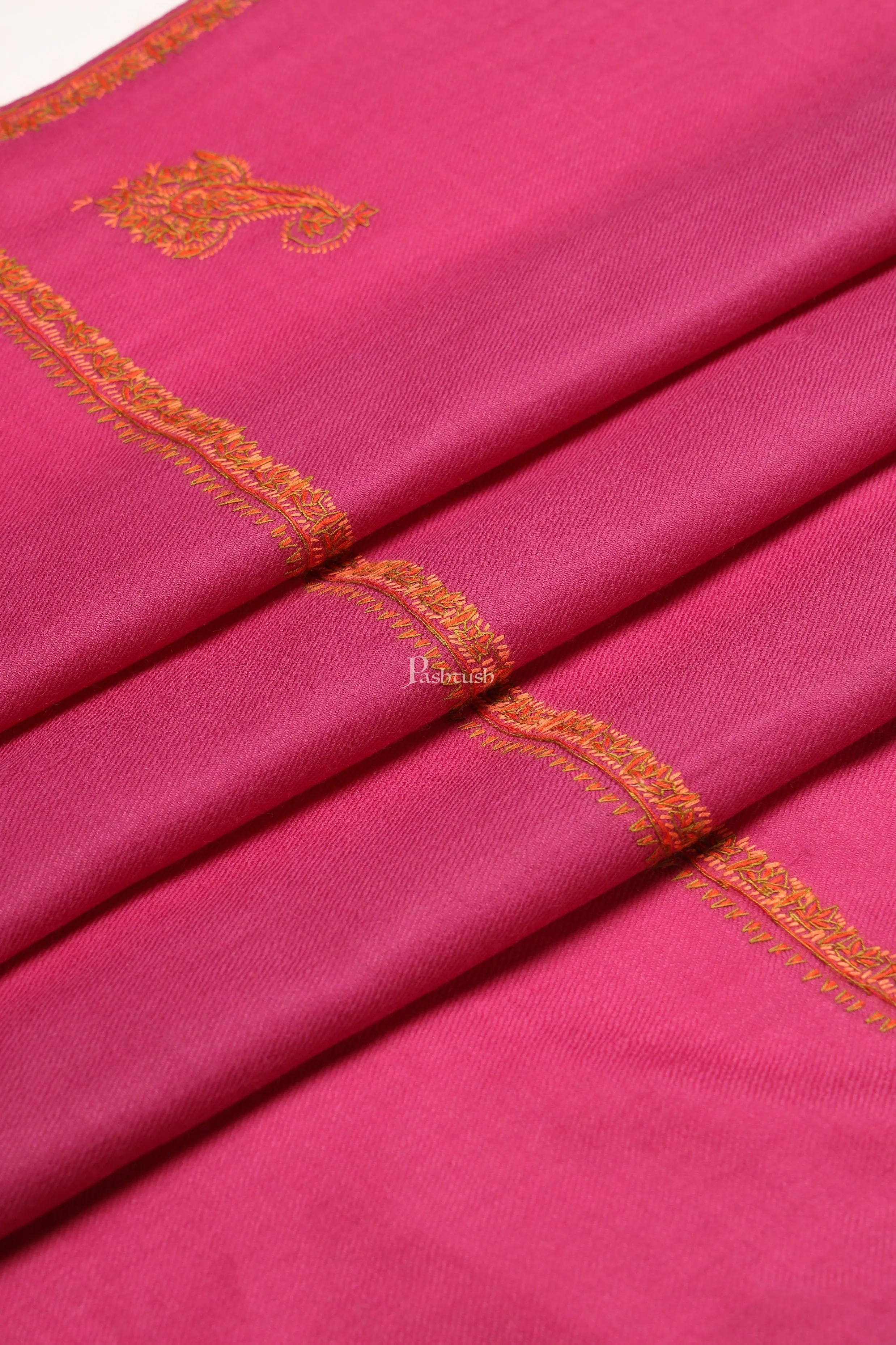 Pashtush Womens Extra Fine Wool Stole, Kashmiri Hand Embroidery, Kingri Design, Majenta