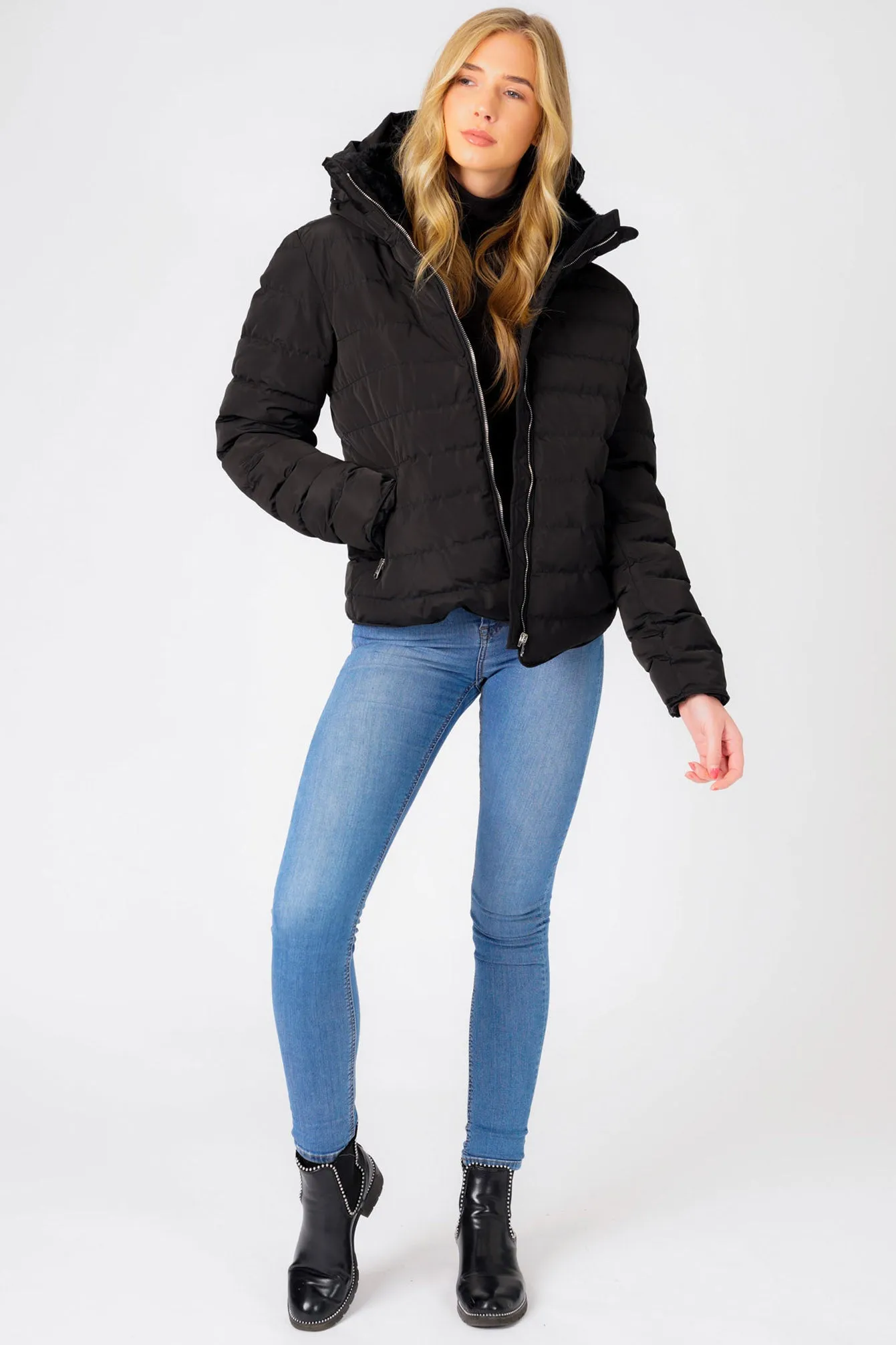 Quince Quilted Puffer Jacket with Extendable Hood in Black - Tokyo Laundry