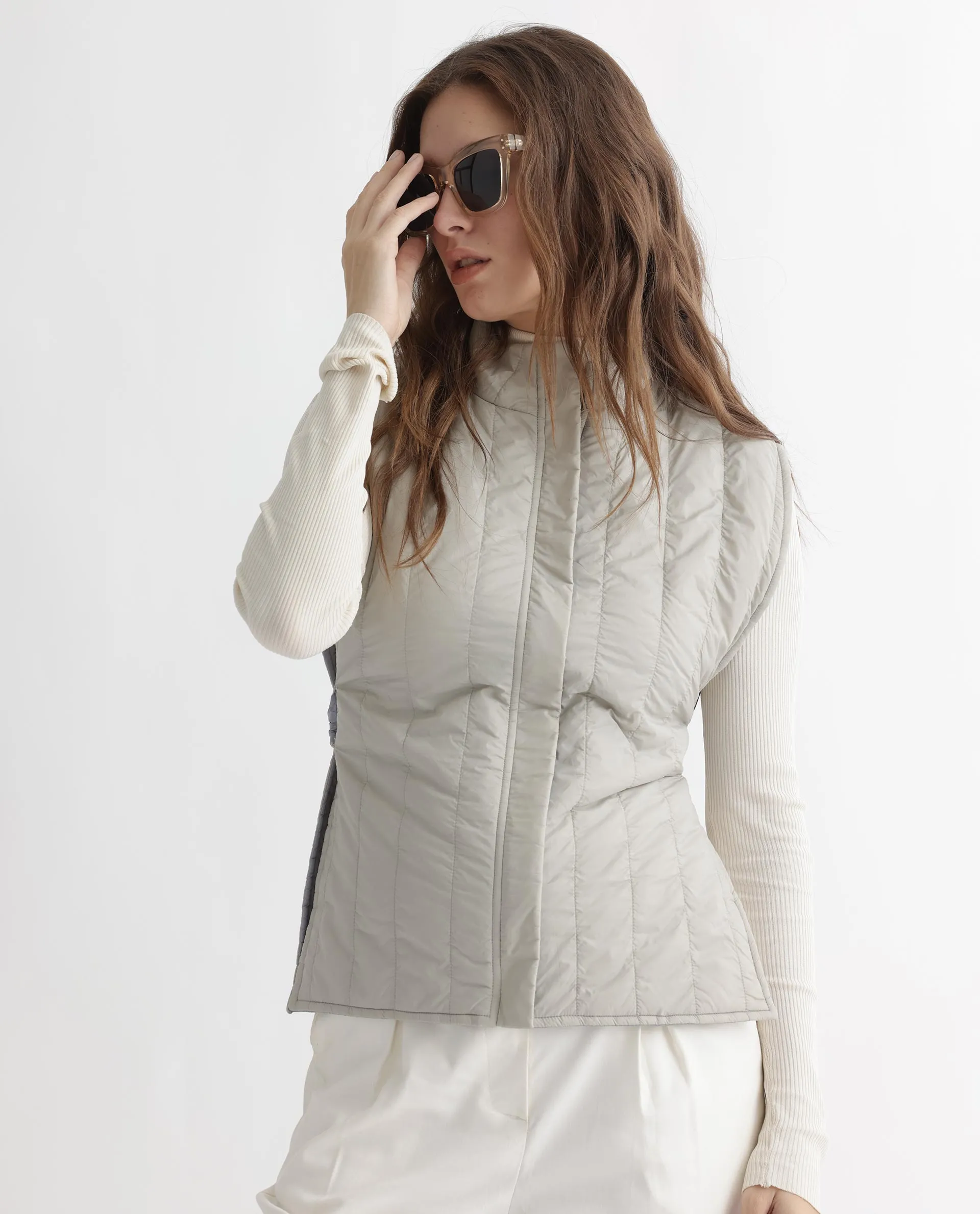 Rareism Women Aurora Beige Polyester Fabric Sleeveless Solid High Neck Jacket