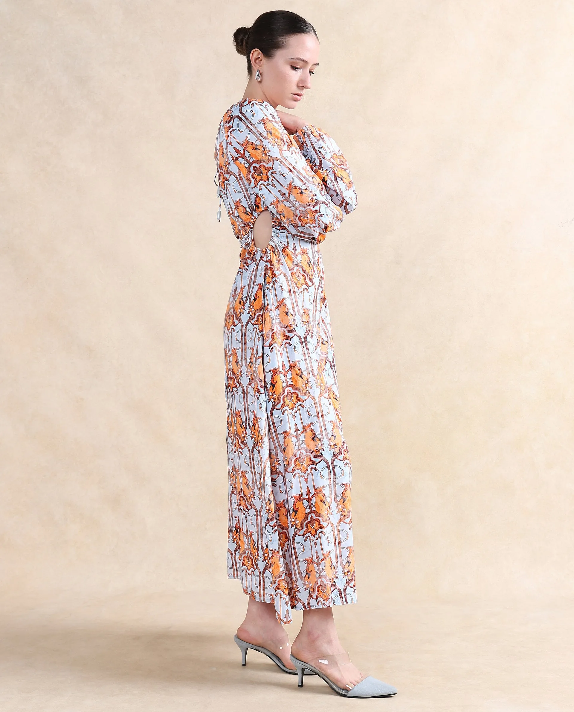Rareism Women Eritra Light Multi Viscose Fabric Puffed Sleeve Round Neck A-Line Maxi Abstract Print Dress
