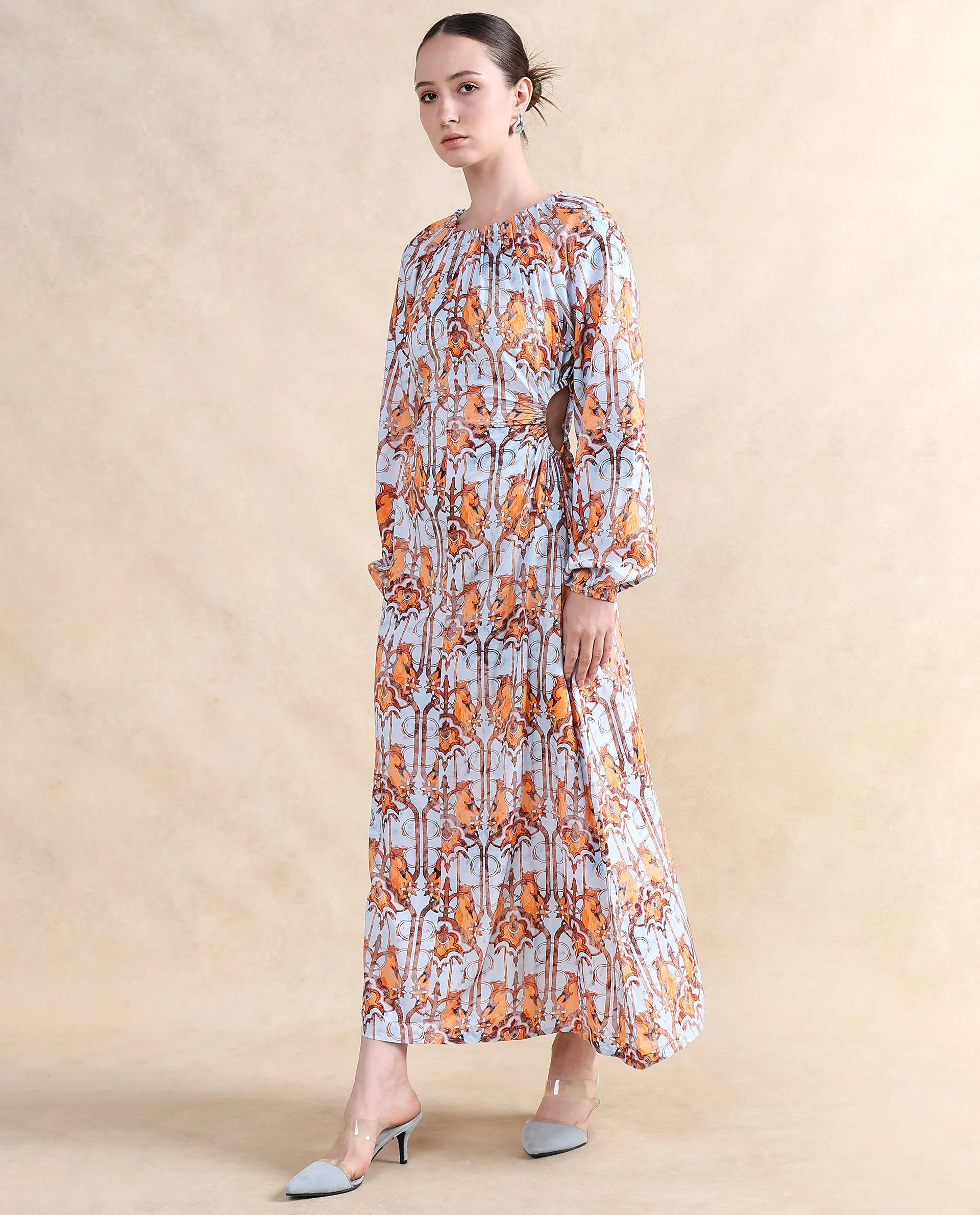 Rareism Women Eritra Light Multi Viscose Fabric Puffed Sleeve Round Neck A-Line Maxi Abstract Print Dress