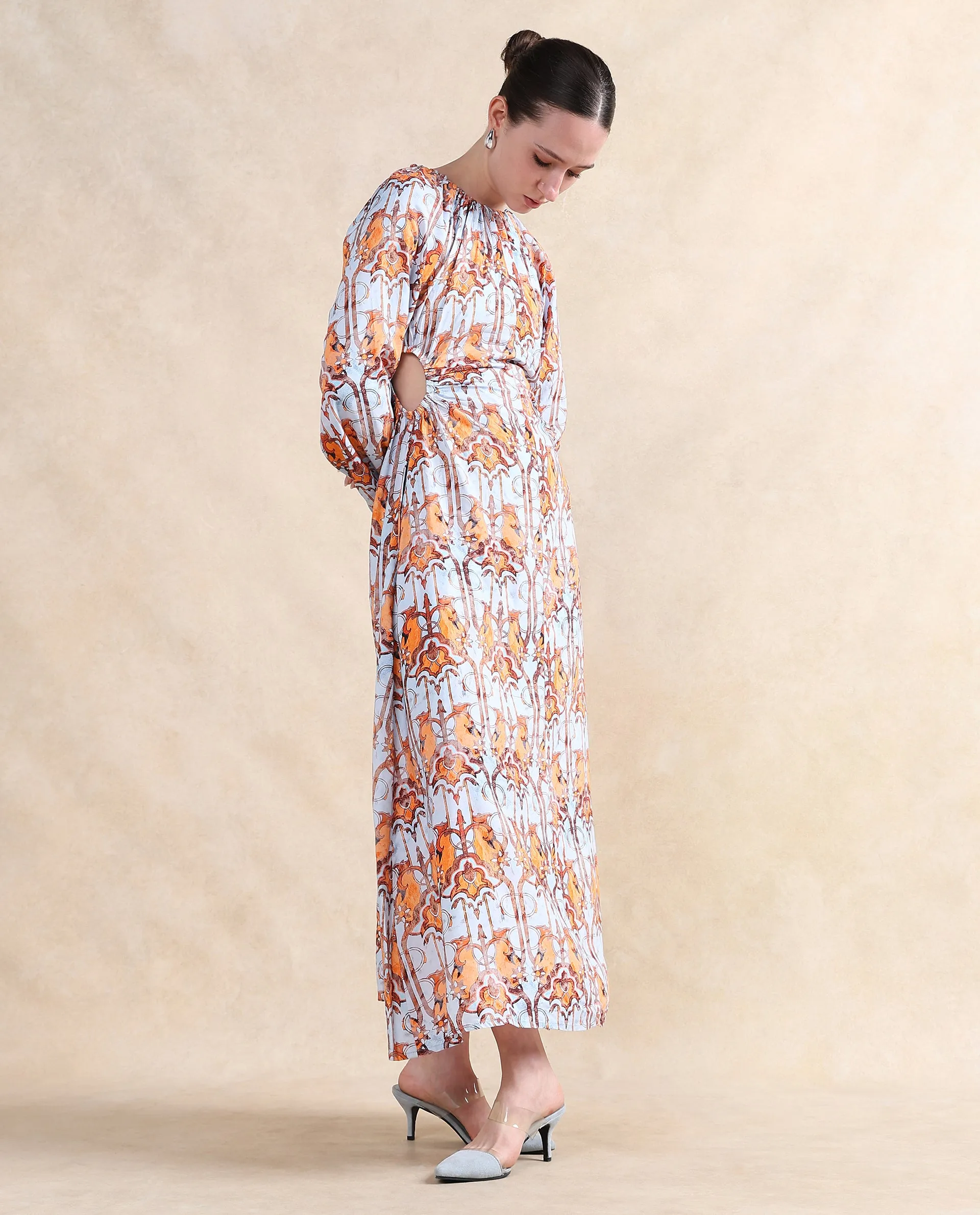 Rareism Women Eritra Light Multi Viscose Fabric Puffed Sleeve Round Neck A-Line Maxi Abstract Print Dress