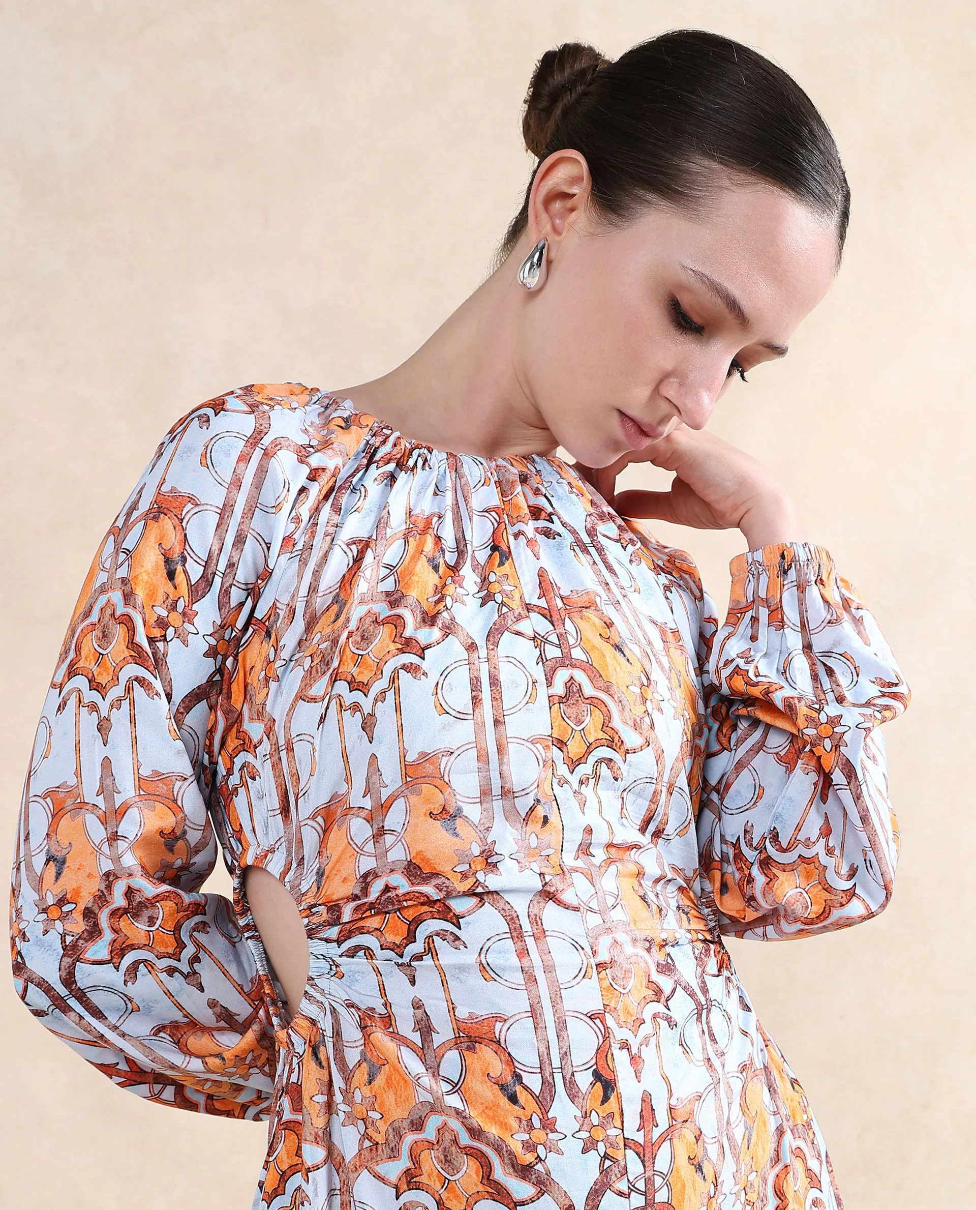 Rareism Women Eritra Light Multi Viscose Fabric Puffed Sleeve Round Neck A-Line Maxi Abstract Print Dress