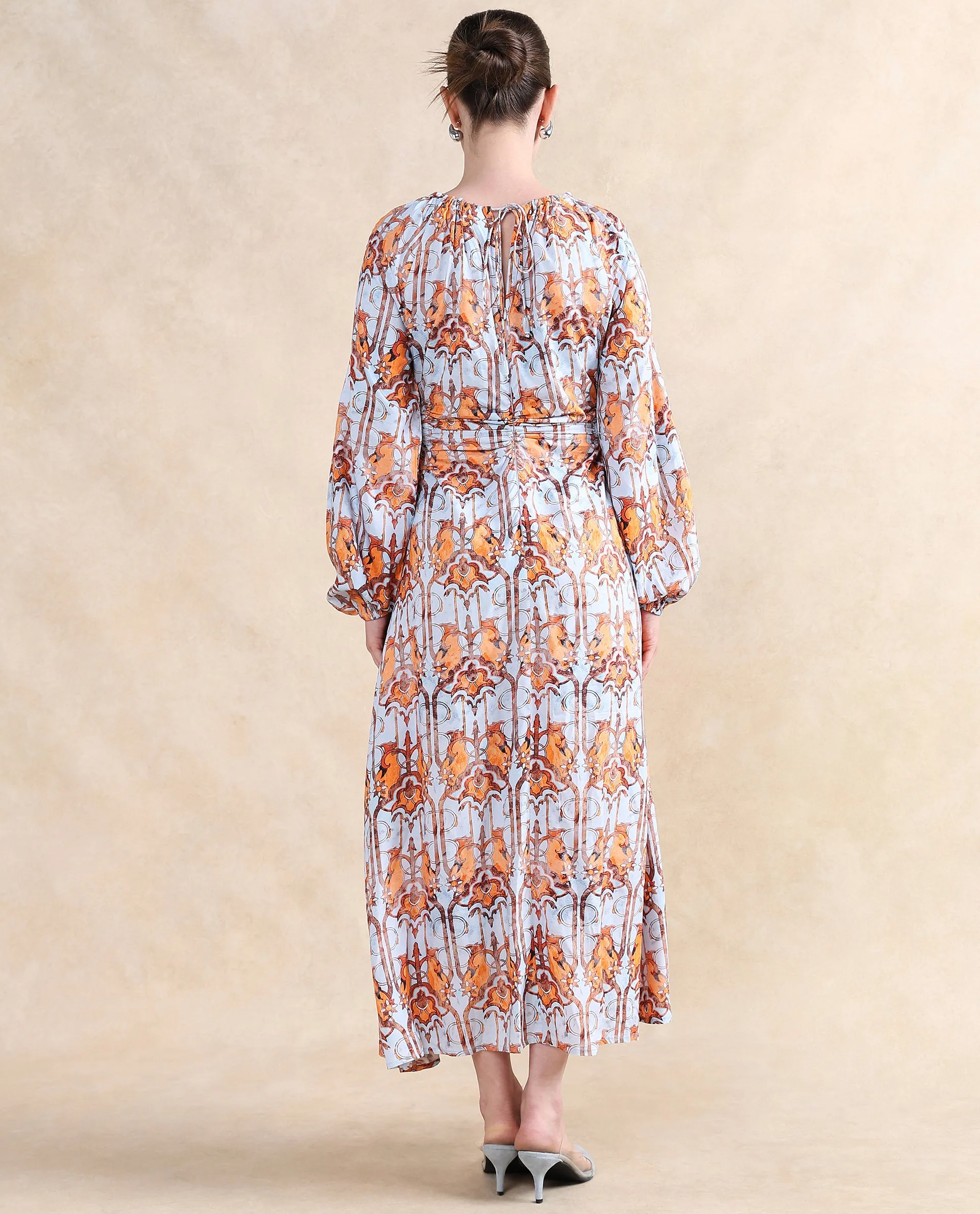 Rareism Women Eritra Light Multi Viscose Fabric Puffed Sleeve Round Neck A-Line Maxi Abstract Print Dress
