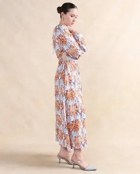 Rareism Women Eritra Light Multi Viscose Fabric Puffed Sleeve Round Neck A-Line Maxi Abstract Print Dress