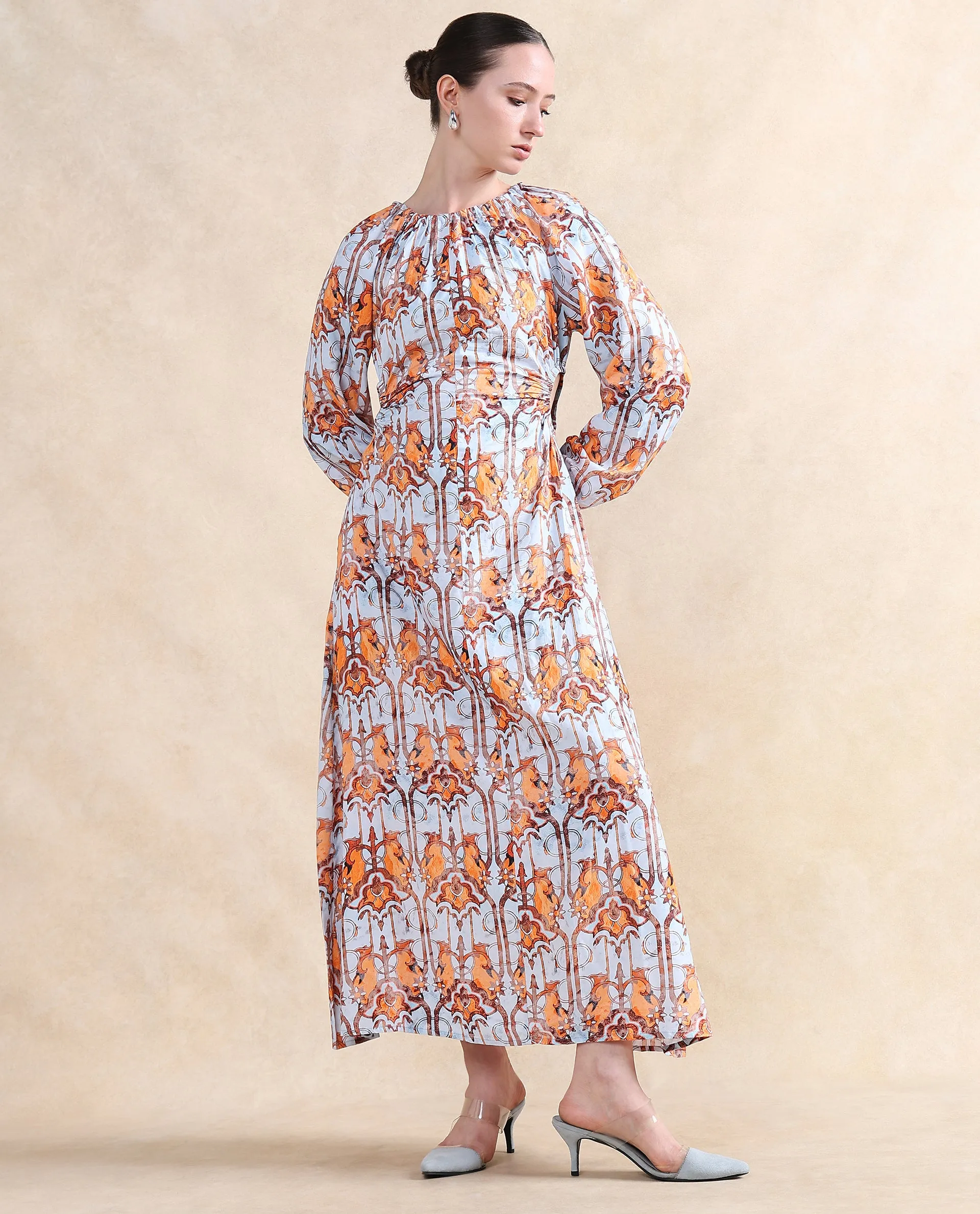 Rareism Women Eritra Light Multi Viscose Fabric Puffed Sleeve Round Neck A-Line Maxi Abstract Print Dress