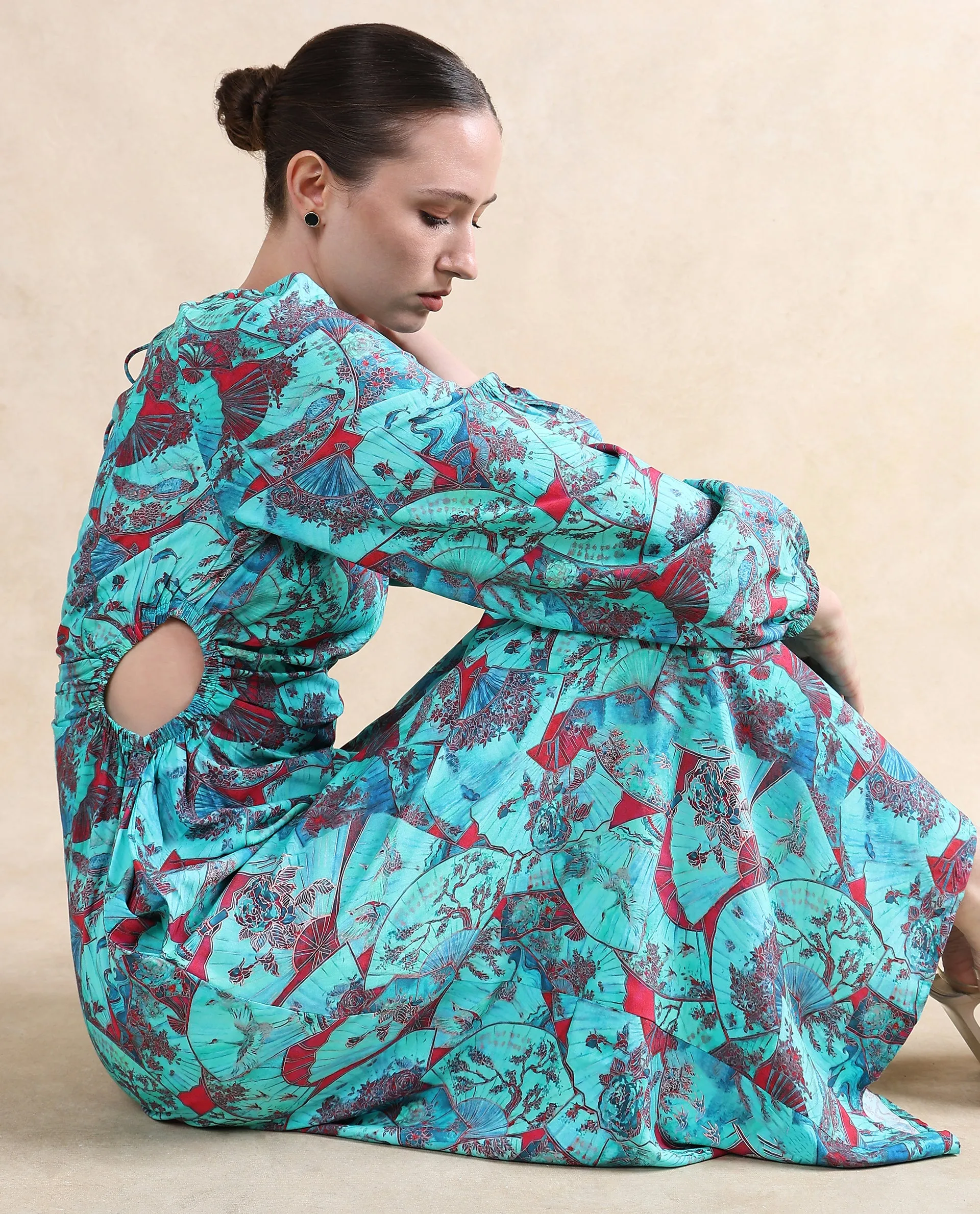 Rareism Women Eritram Multi Viscose Fabric Puffed Sleeve Round Neck A-Line Maxi Abstract Print Dress