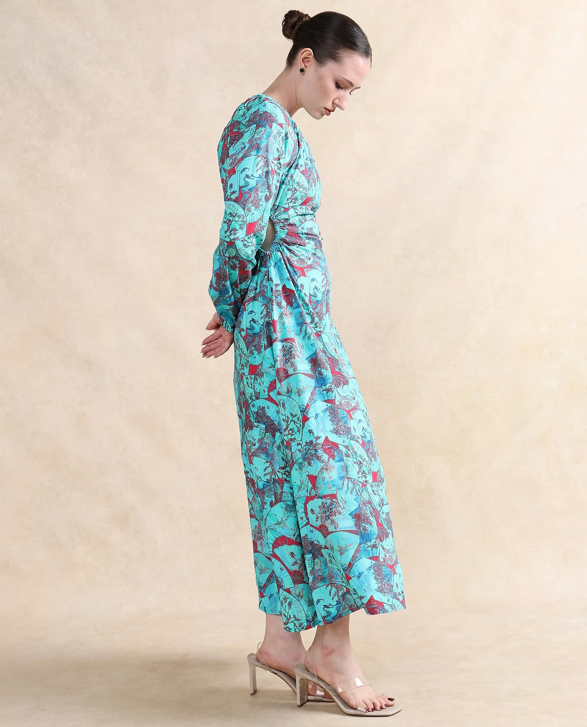 Rareism Women Eritram Multi Viscose Fabric Puffed Sleeve Round Neck A-Line Maxi Abstract Print Dress