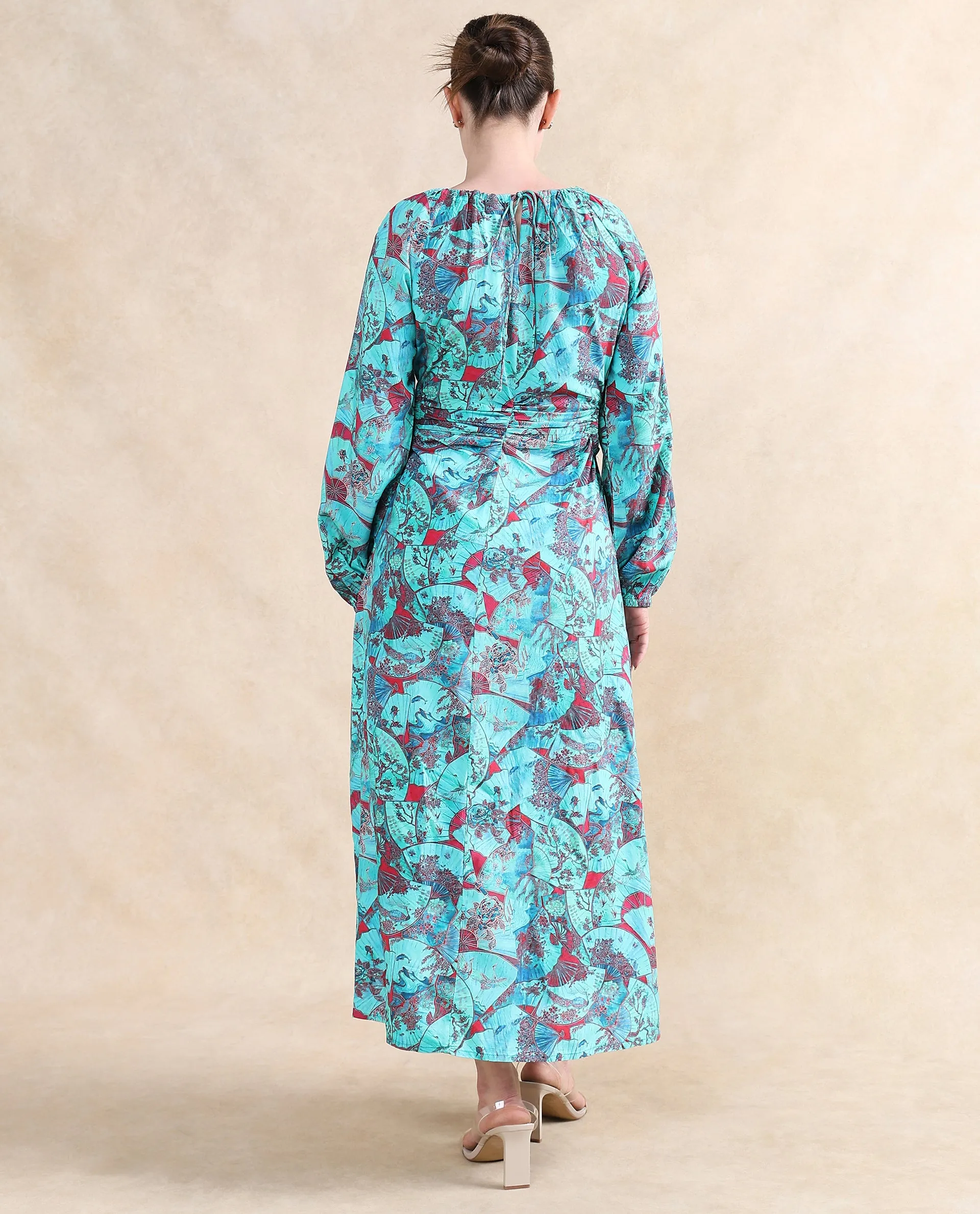 Rareism Women Eritram Multi Viscose Fabric Puffed Sleeve Round Neck A-Line Maxi Abstract Print Dress