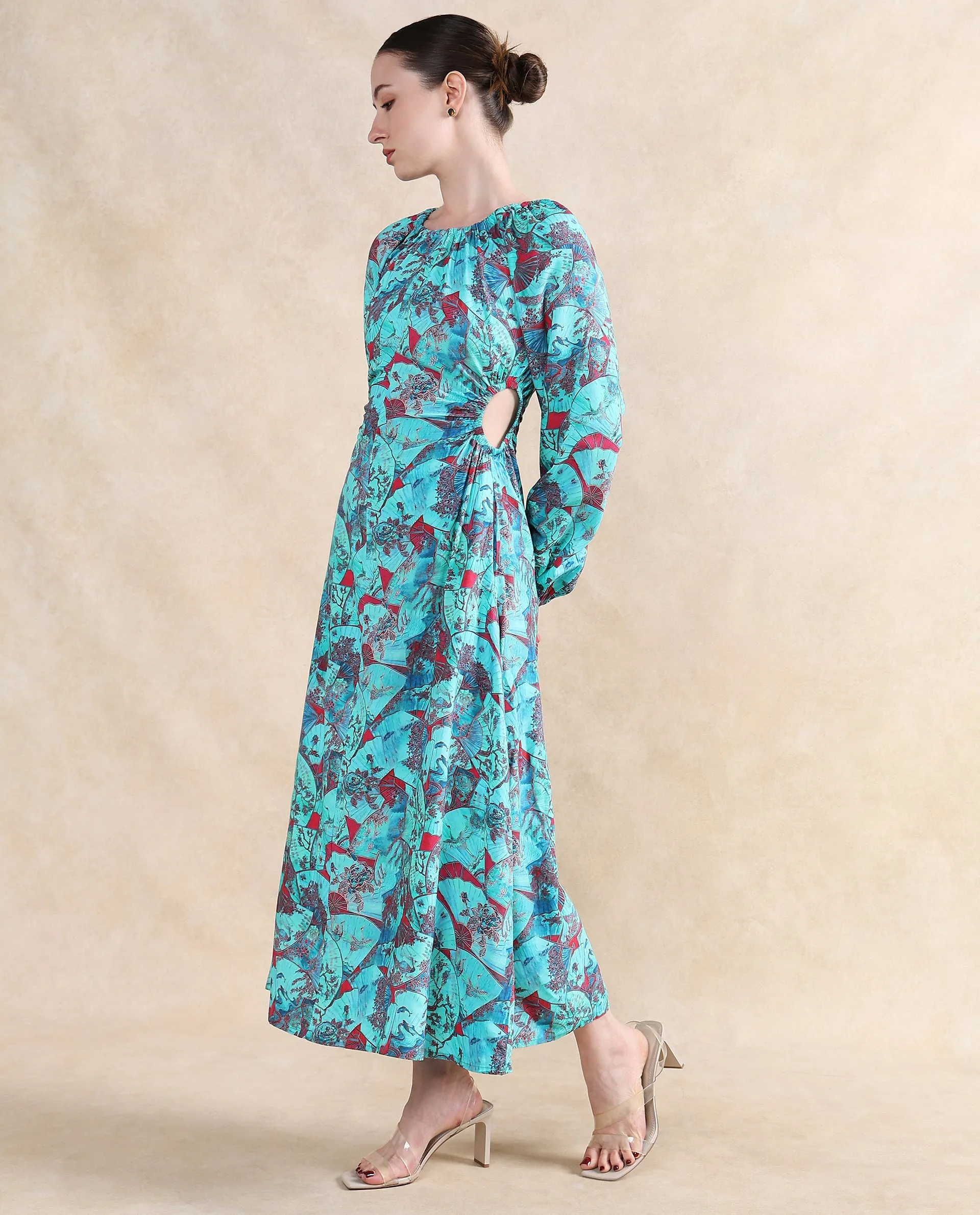 Rareism Women Eritram Multi Viscose Fabric Puffed Sleeve Round Neck A-Line Maxi Abstract Print Dress