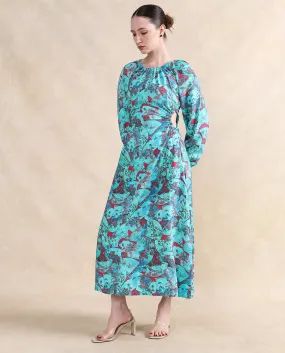 Rareism Women Eritram Multi Viscose Fabric Puffed Sleeve Round Neck A-Line Maxi Abstract Print Dress