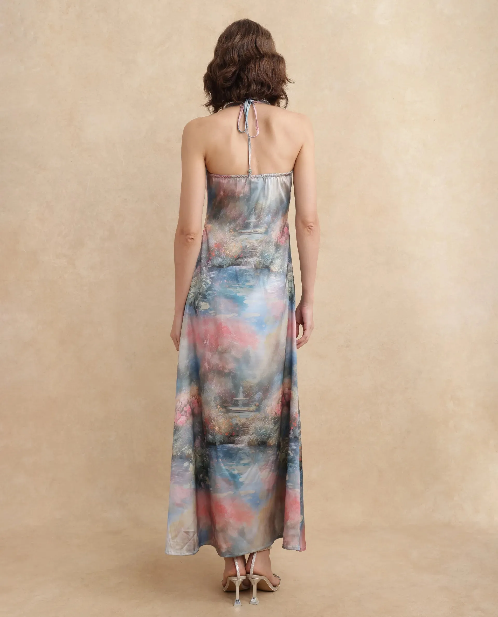 Rareism Women Villeur Multi Sleeveless Cowl Neck Flared Maxi Abstract Print Dress