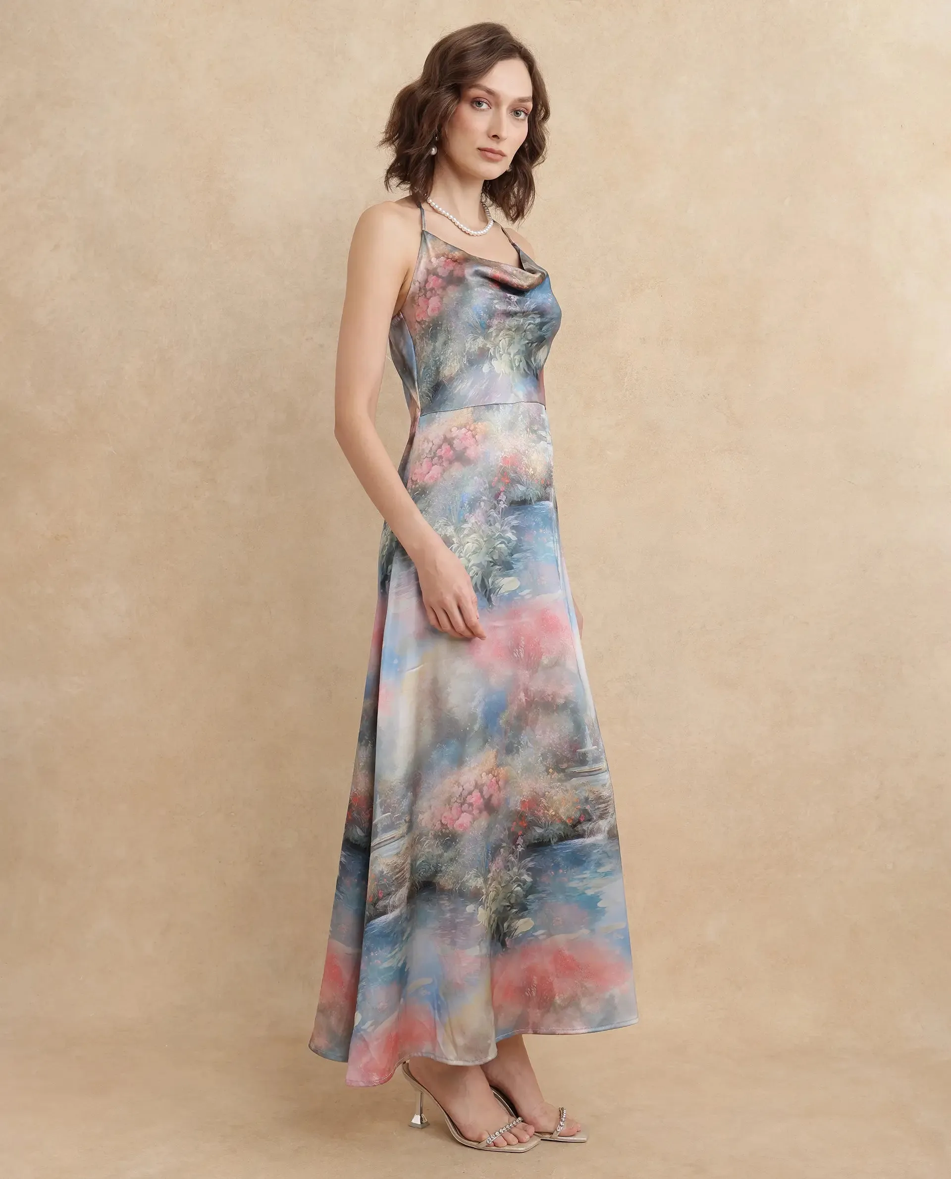 Rareism Women Villeur Multi Sleeveless Cowl Neck Flared Maxi Abstract Print Dress