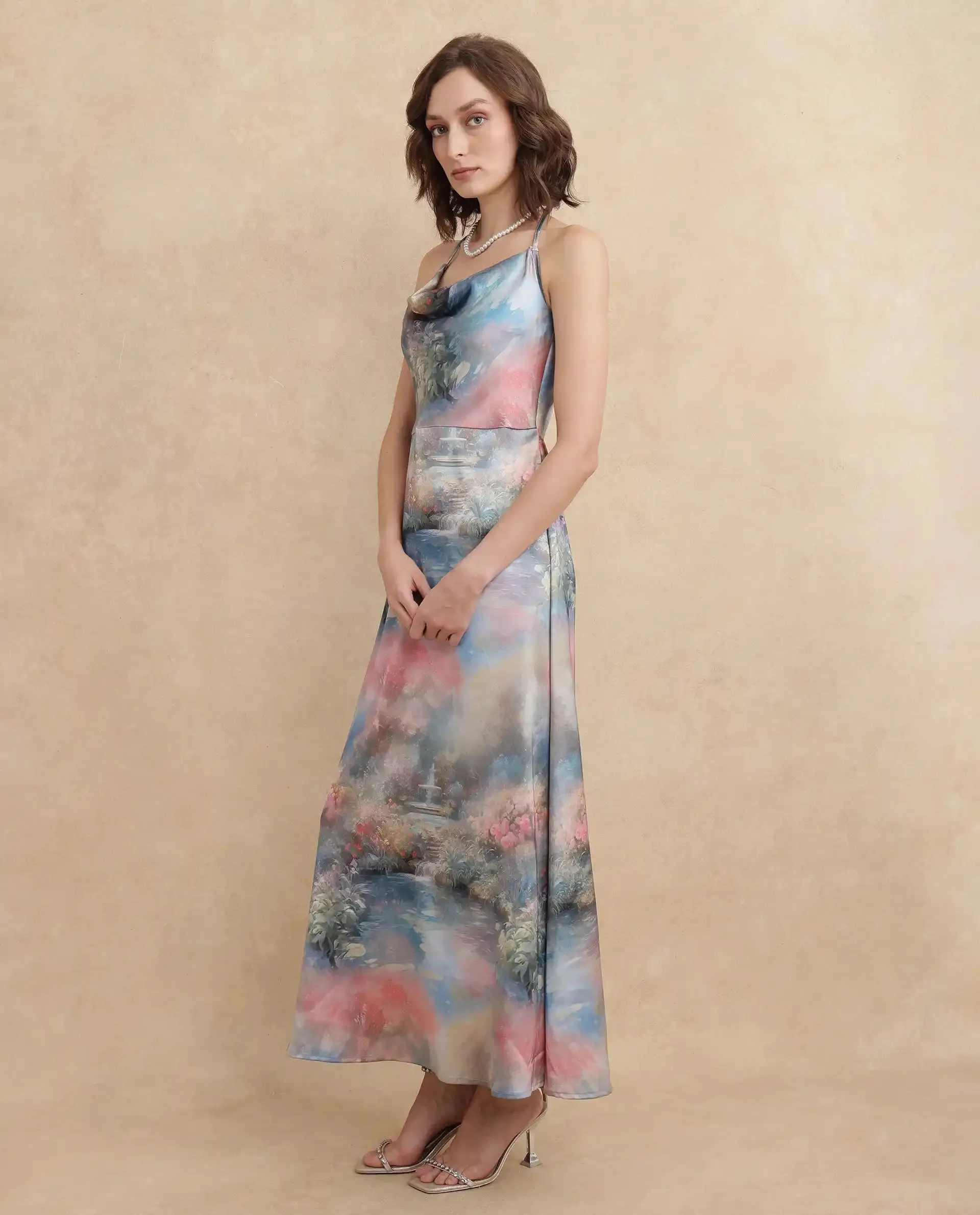 Rareism Women Villeur Multi Sleeveless Cowl Neck Flared Maxi Abstract Print Dress