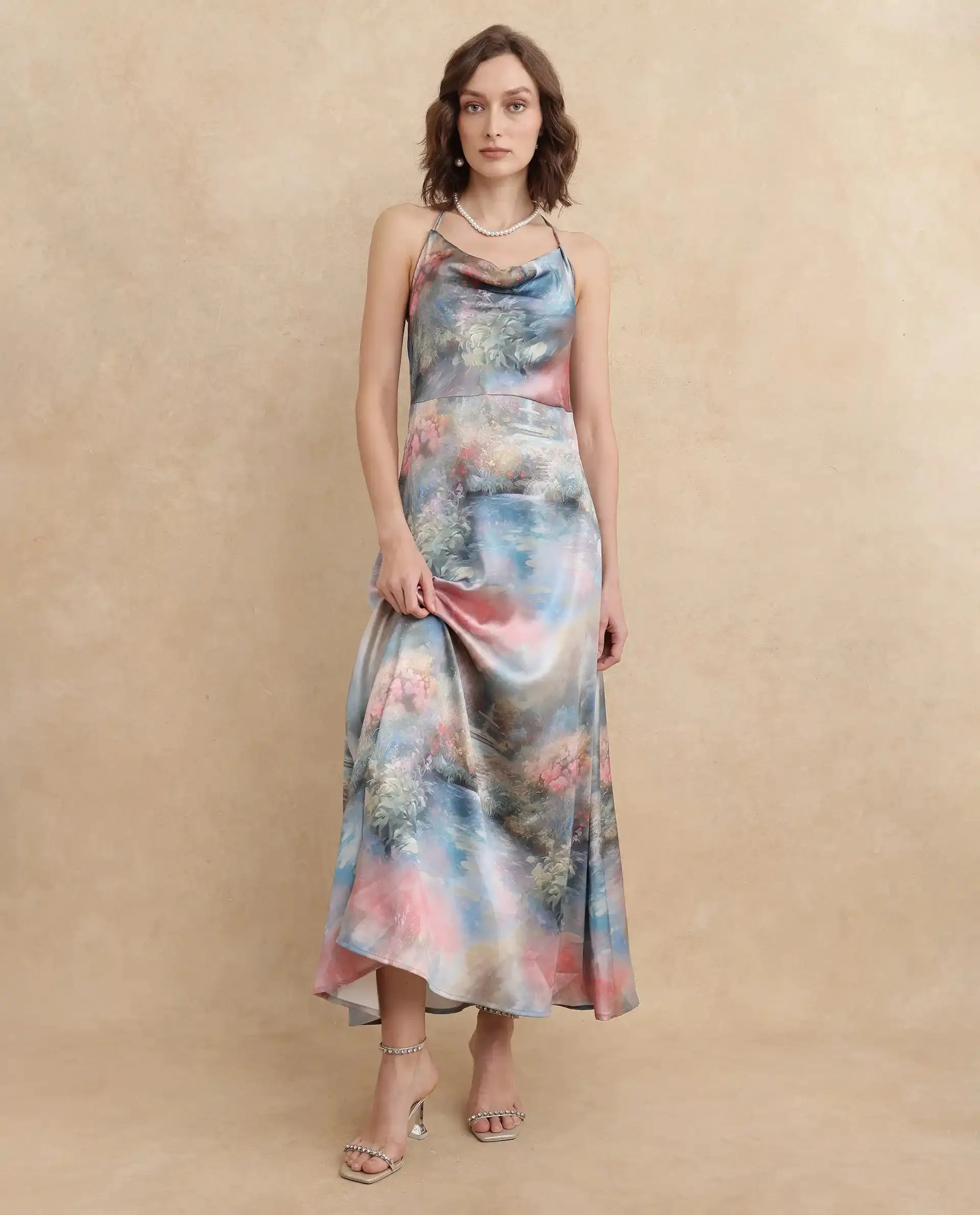 Rareism Women Villeur Multi Sleeveless Cowl Neck Flared Maxi Abstract Print Dress