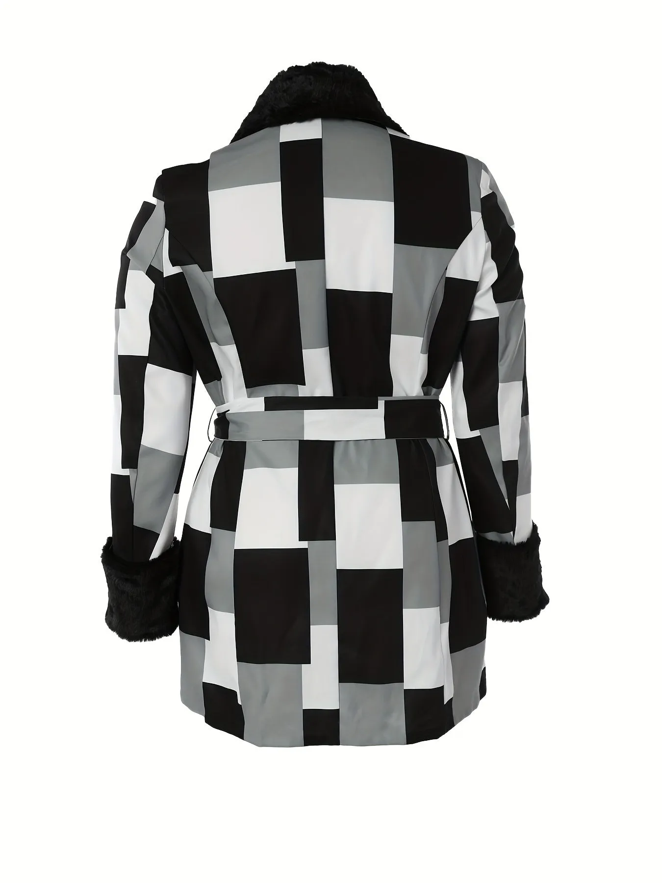 realaiot  Plus Size Plaid Print Faux-fur Trim Coat, Casual Collared Long Sleeve Belted Outerwear For Fall & Winter, Women's Plus Size Clothing