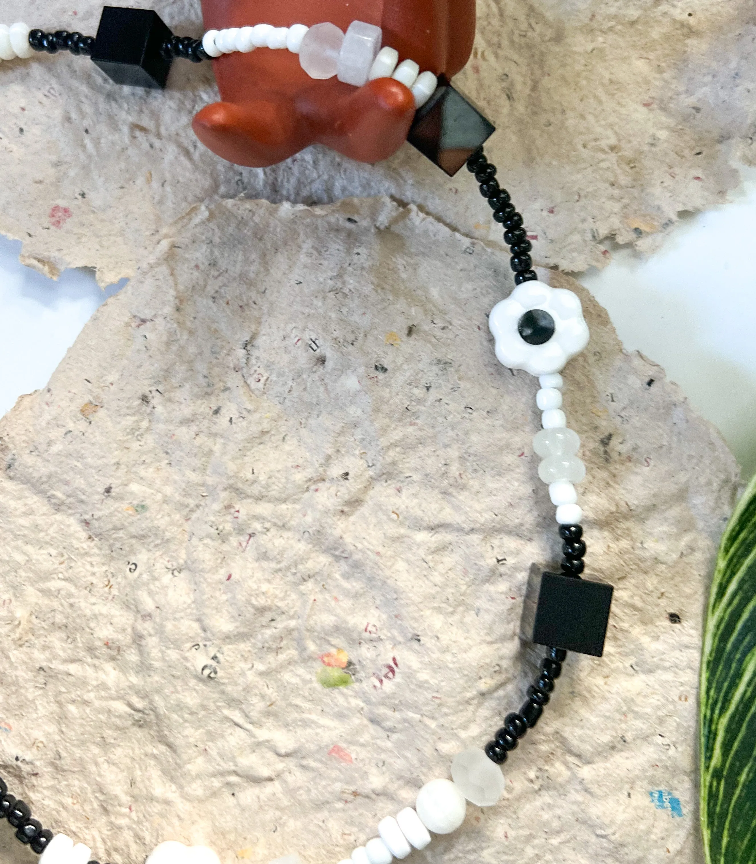 Retro Black & White Necklace | Mixed Media Eclectic Necklace | Floral Chunky Handmade Necklace