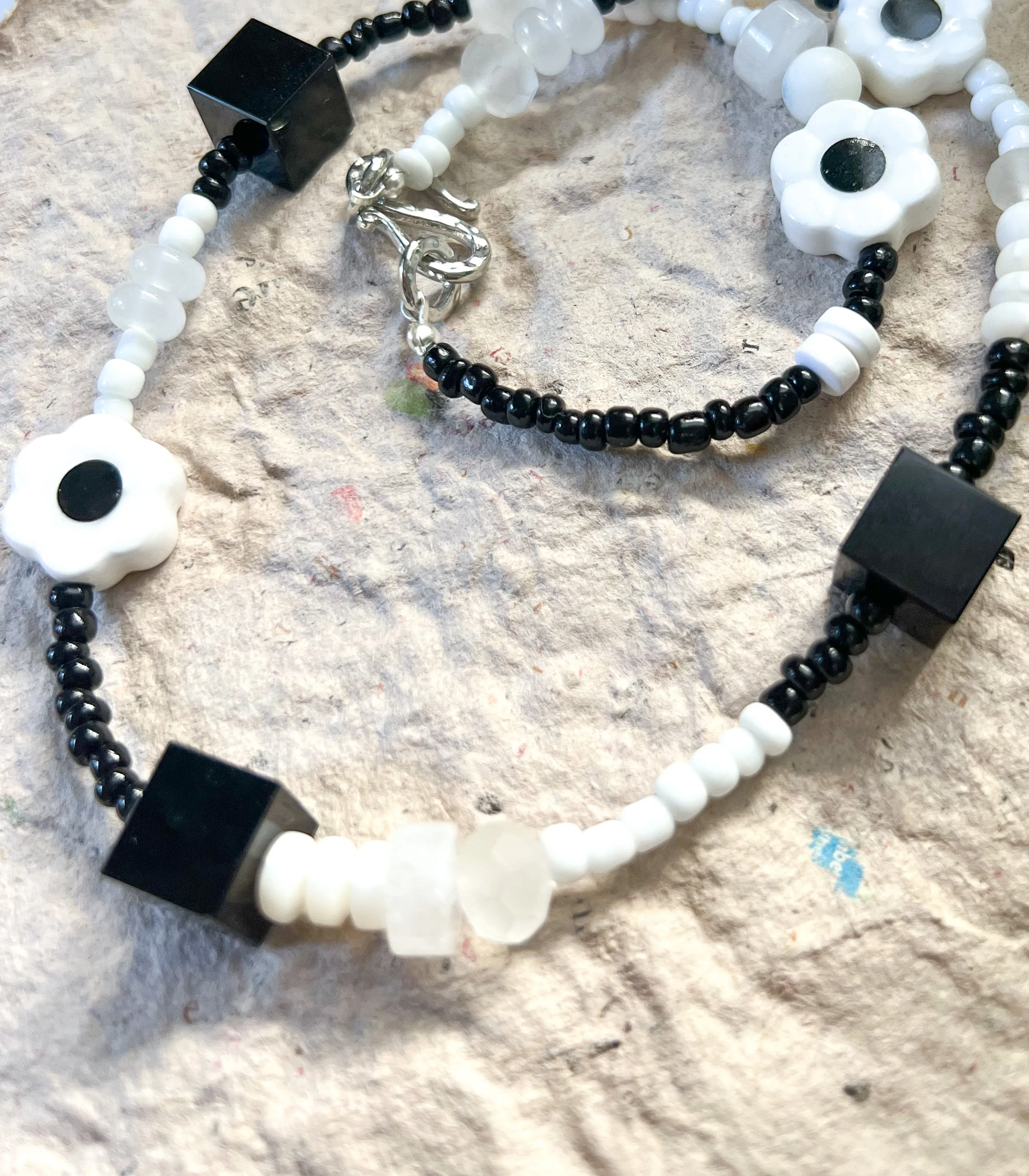 Retro Black & White Necklace | Mixed Media Eclectic Necklace | Floral Chunky Handmade Necklace