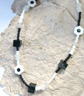 Retro Black & White Necklace | Mixed Media Eclectic Necklace | Floral Chunky Handmade Necklace