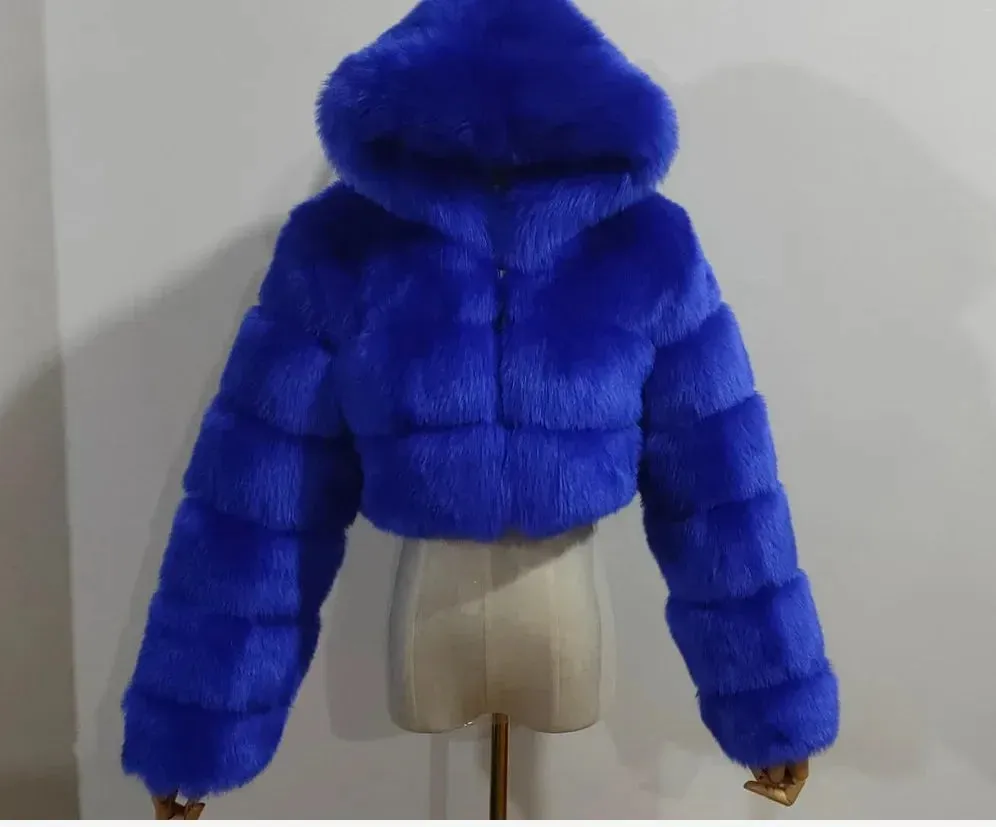 TAVIMART  -  New Fluffy Top Coat with Hooded Autumn Winter Faux Fur Coat Women Jacket Long Sleeve Cropped Puffer Fur Jacket for Women Outwear