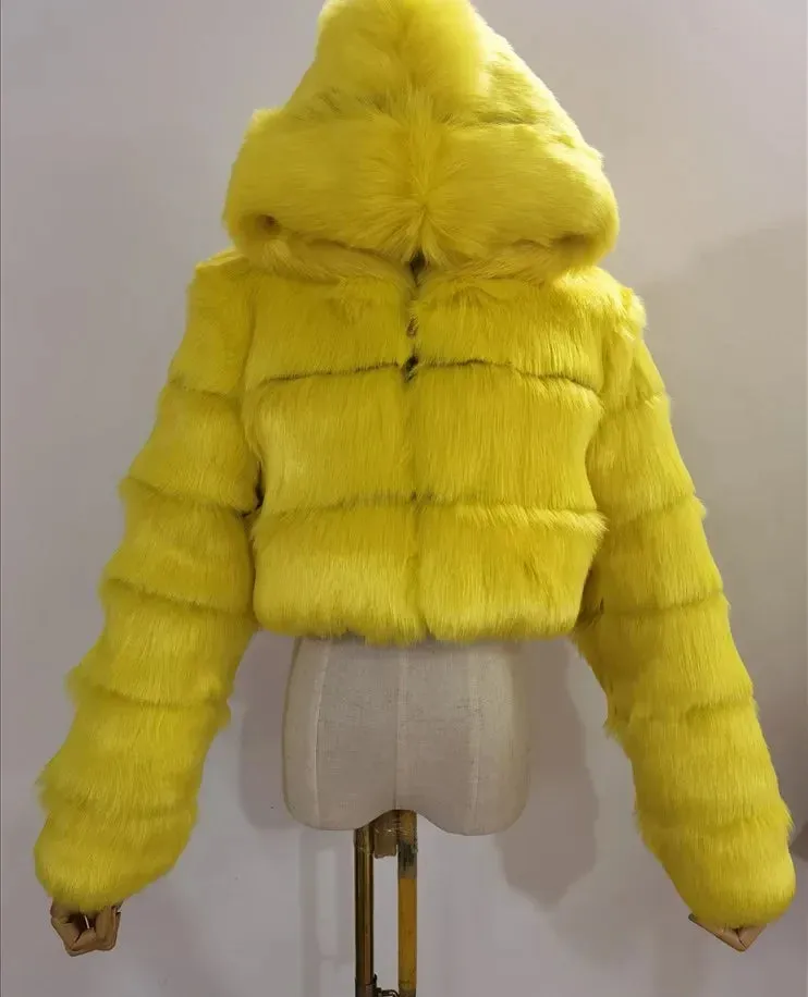 TAVIMART  -  New Fluffy Top Coat with Hooded Autumn Winter Faux Fur Coat Women Jacket Long Sleeve Cropped Puffer Fur Jacket for Women Outwear