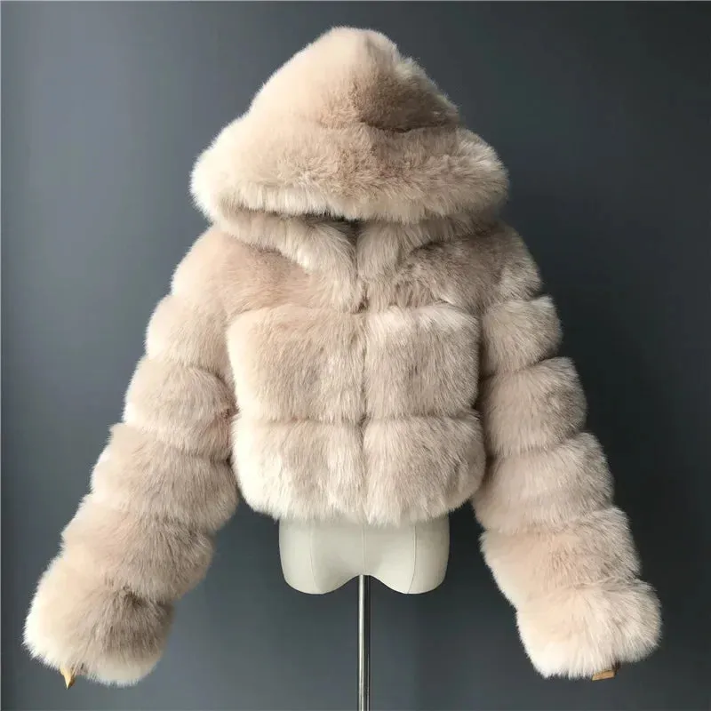 TAVIMART  -  New Fluffy Top Coat with Hooded Autumn Winter Faux Fur Coat Women Jacket Long Sleeve Cropped Puffer Fur Jacket for Women Outwear