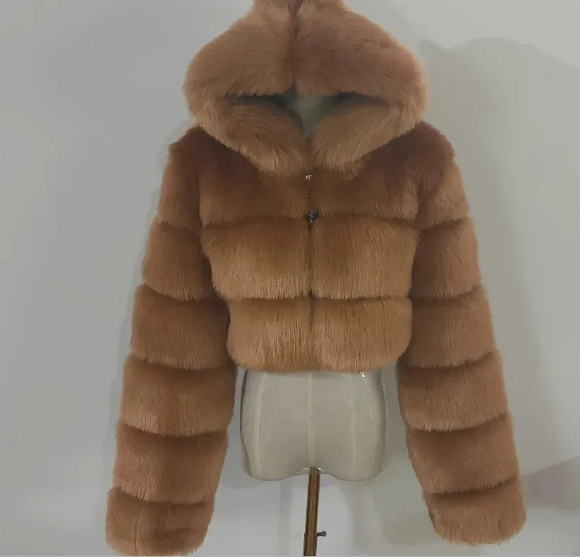 TAVIMART  -  New Fluffy Top Coat with Hooded Autumn Winter Faux Fur Coat Women Jacket Long Sleeve Cropped Puffer Fur Jacket for Women Outwear