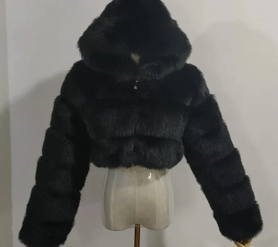 TAVIMART  -  New Fluffy Top Coat with Hooded Autumn Winter Faux Fur Coat Women Jacket Long Sleeve Cropped Puffer Fur Jacket for Women Outwear