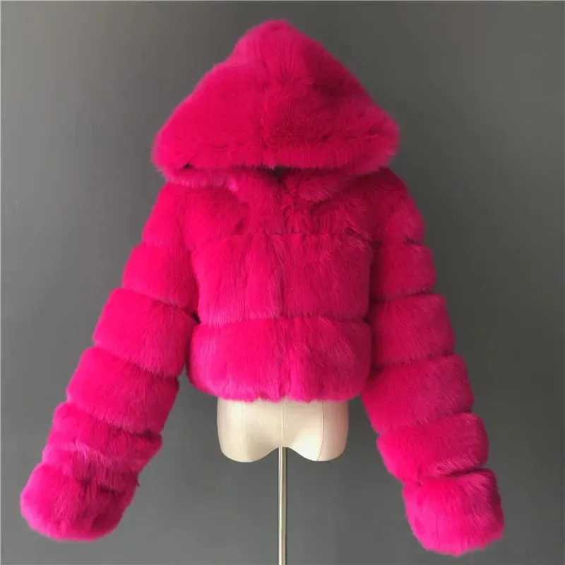 TAVIMART  -  New Fluffy Top Coat with Hooded Autumn Winter Faux Fur Coat Women Jacket Long Sleeve Cropped Puffer Fur Jacket for Women Outwear