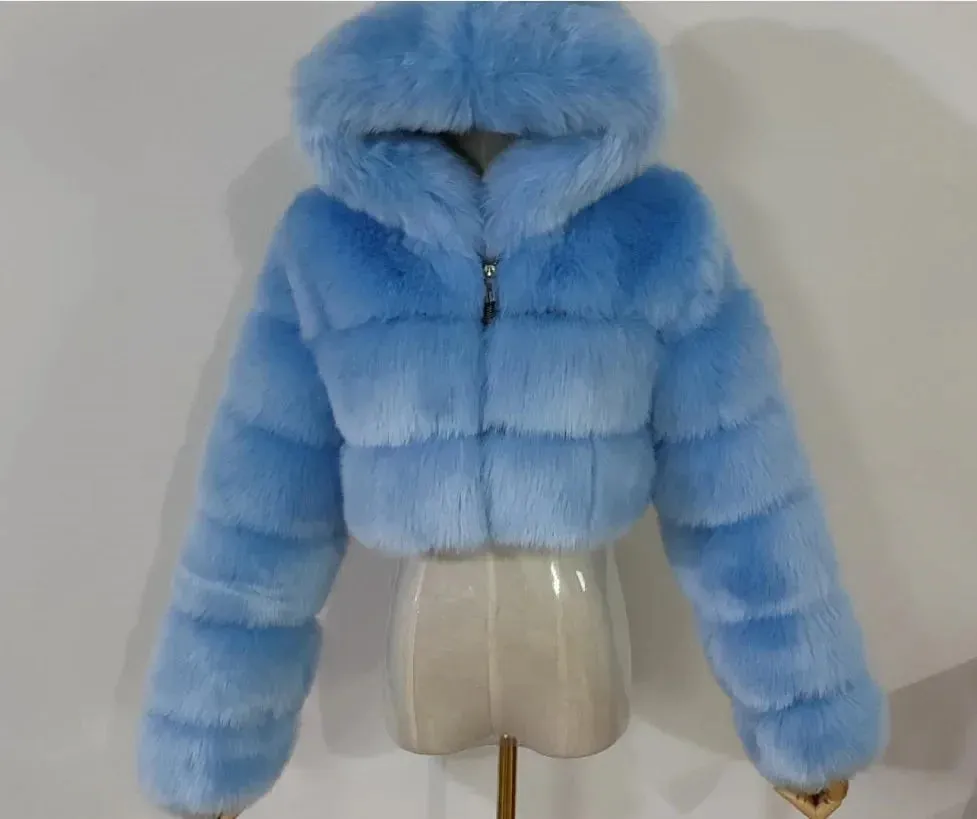 TAVIMART  -  New Fluffy Top Coat with Hooded Autumn Winter Faux Fur Coat Women Jacket Long Sleeve Cropped Puffer Fur Jacket for Women Outwear