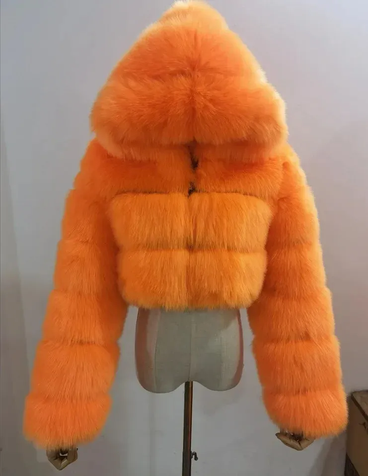 TAVIMART  -  New Fluffy Top Coat with Hooded Autumn Winter Faux Fur Coat Women Jacket Long Sleeve Cropped Puffer Fur Jacket for Women Outwear