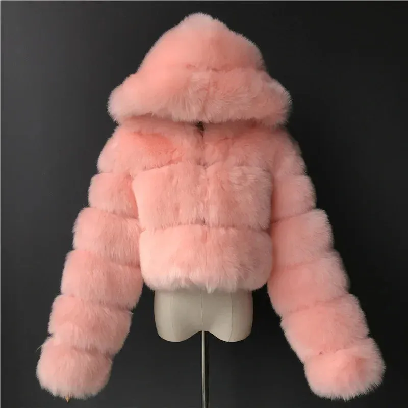 TAVIMART  -  New Fluffy Top Coat with Hooded Autumn Winter Faux Fur Coat Women Jacket Long Sleeve Cropped Puffer Fur Jacket for Women Outwear