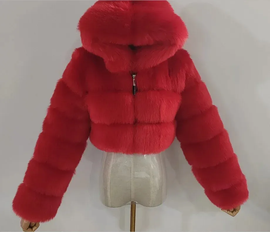 TAVIMART  -  New Fluffy Top Coat with Hooded Autumn Winter Faux Fur Coat Women Jacket Long Sleeve Cropped Puffer Fur Jacket for Women Outwear