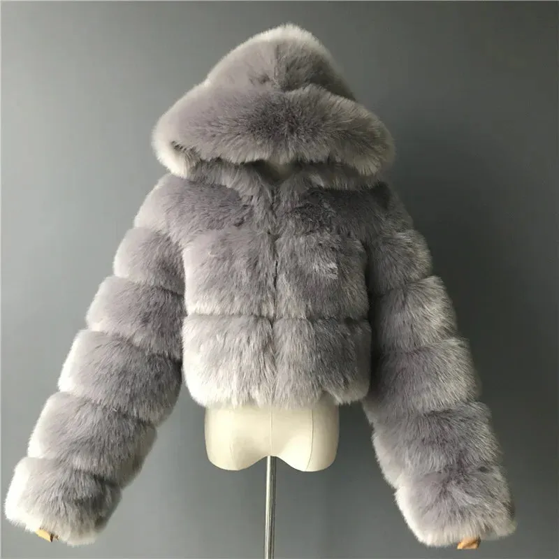 TAVIMART  -  New Fluffy Top Coat with Hooded Autumn Winter Faux Fur Coat Women Jacket Long Sleeve Cropped Puffer Fur Jacket for Women Outwear